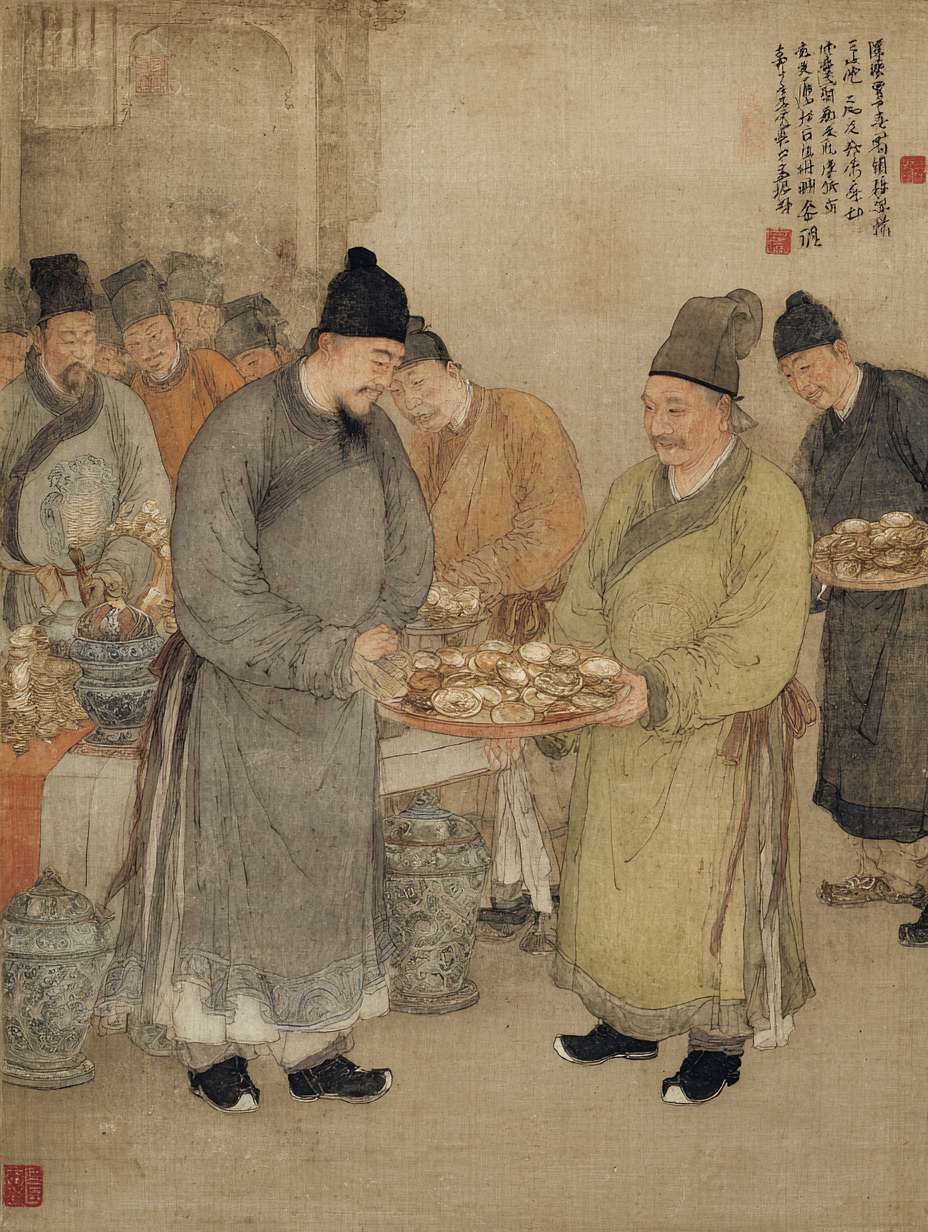 宋代官员向商铺掌柜收取税费的场景，官员手持账本表情严肃，掌柜不情愿地交出铜钱，古代市集背景，灰黄色调，工笔画风格 --ar 3:4 --v 7 --stylize 100 --fast --no 水印