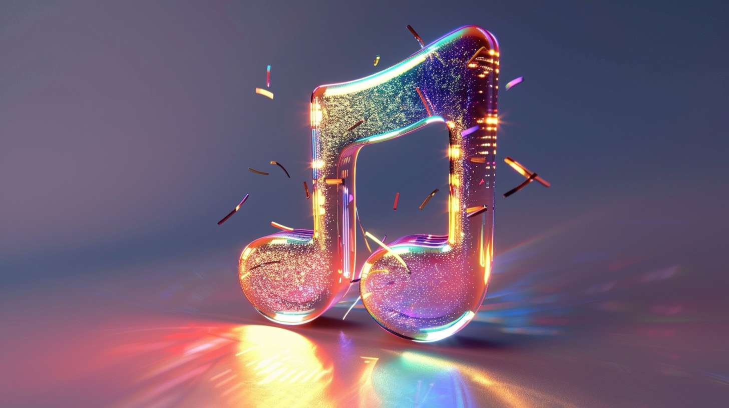 3D glossy music note icon, 
with particle sound effects floating around, 
glass morphism style, 
soft lighting --ar 16:9 --v 6 --stylize 100 --fast