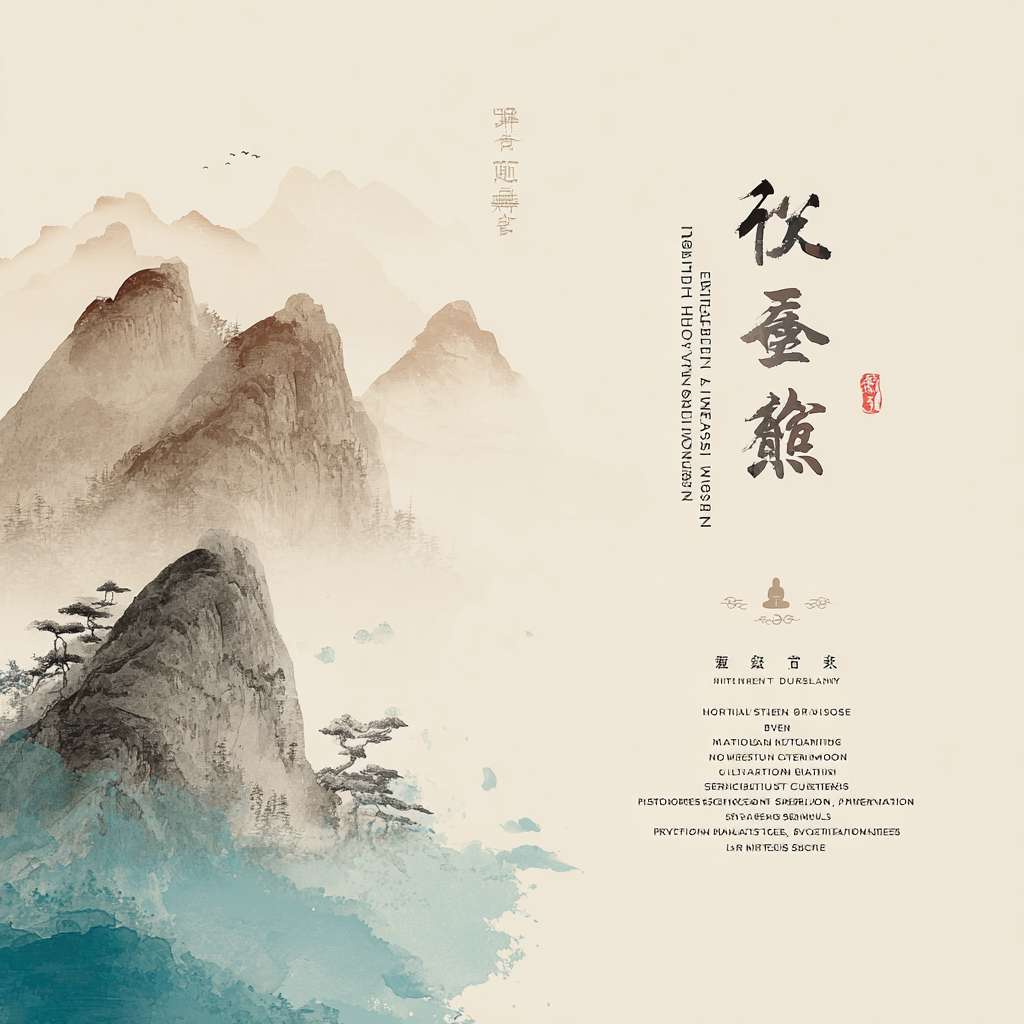 "Landscape orientation, soft ink-wash mountains on left side, right side empty with vertical Chinese text '正念冥想 | 太极养气 | 食疗调理 | 身心归位' in calligraphy, light gray Ba Duan Jin silhouette at bottom, cyan and beige color scheme, Zen aesthetic, 1200x600 pixels" --ar 1:1 --v 7 --stylize 100 --fast --no 水印