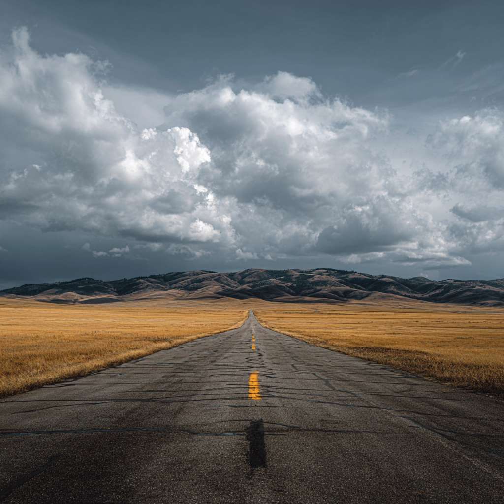 优美空旷的草原上一条公路近景45°倾斜 --ar 1:1 --v 7 --stylize 100 --fast --no 水印