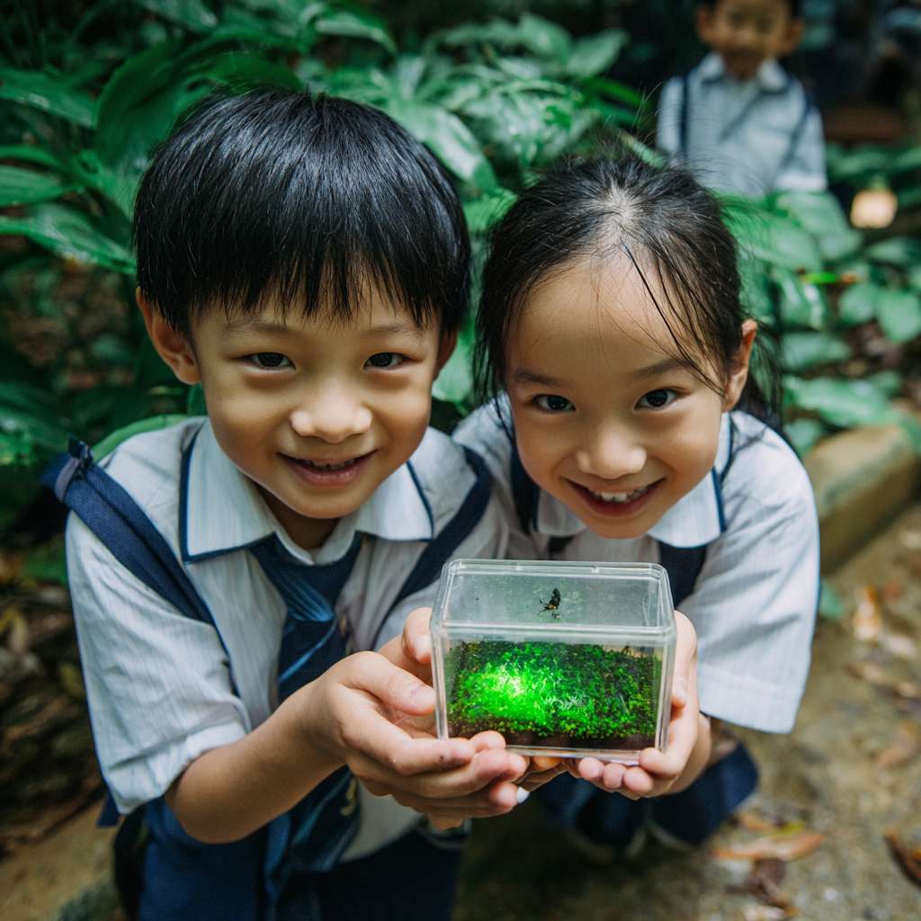 有2位穿著校服的華人小學生開心的表情雙手托起一個螢火蟲的正方體透明小盒子，盒子內的螢火蟲在青苔上發光 --ar 1:1 --v 7 --stylize 100 --fast --no 水印