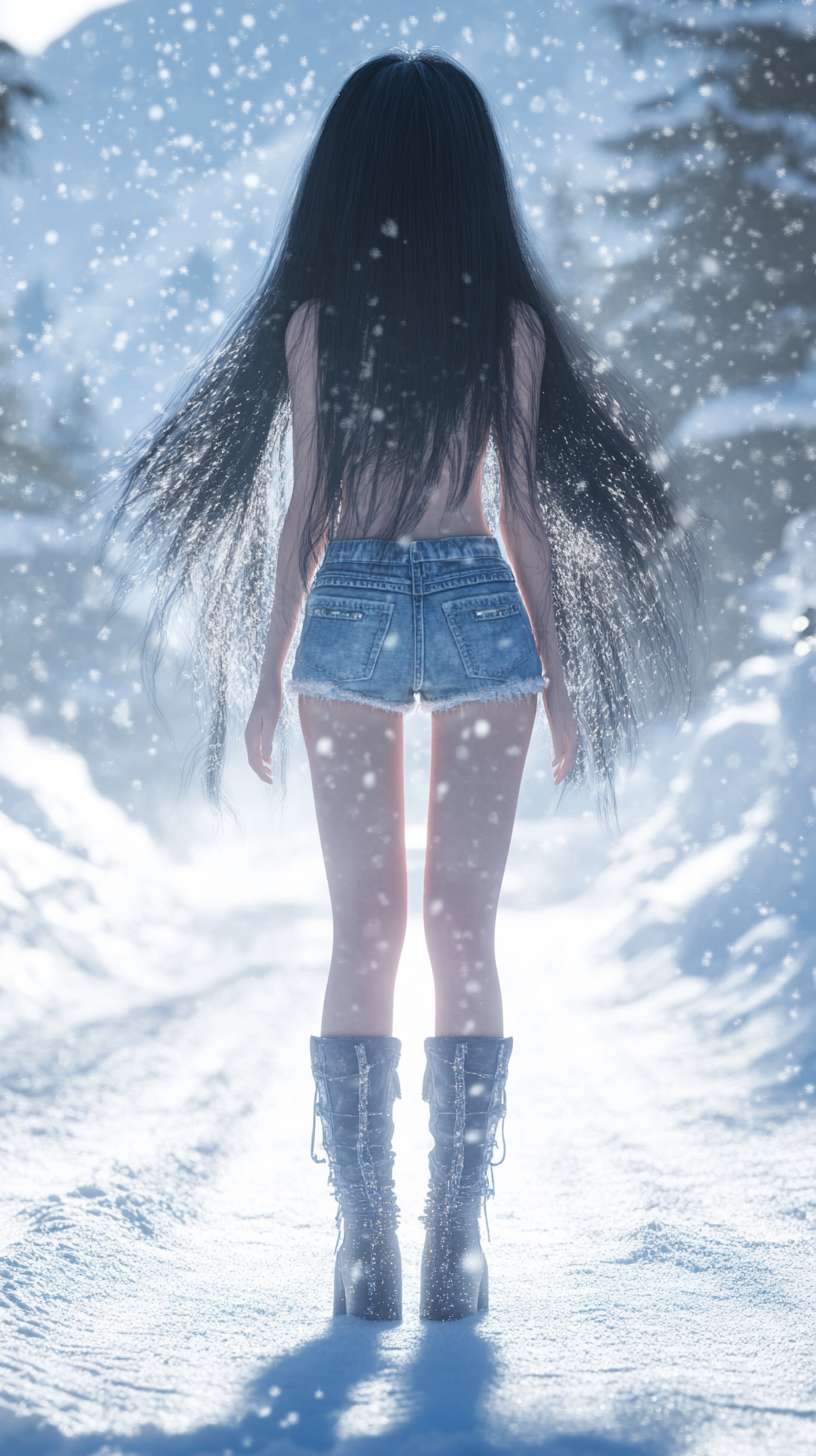 美少女，正面，长发，黑发，牛仔短裤，长腿，长靴，冬天，雪，雪地，雪山，光线 --ar 9:16 --v 6.1 --stylize 100 --fast --no 水印,水印