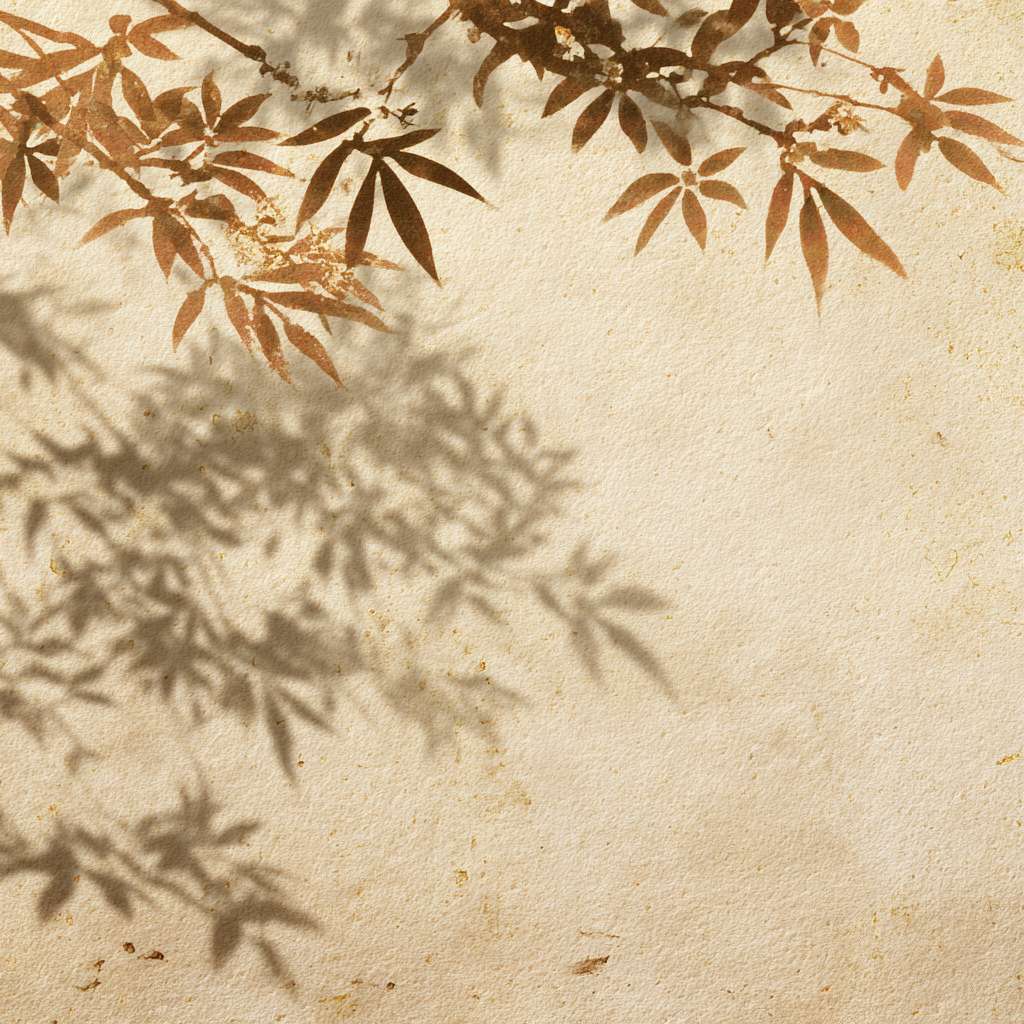 Ancient Chinese paper texture background, subtle bamboo forest shadow in low opacity, golden sunlight through leaves, scattered traditional herbal medicine illustrations (chrysanthemum/gingko), barely visible cloud dragon pattern from Song Dynasty ceramics, warm ivory base with taupe accents, harmonious empty space --ar 1:1 --v 7 --stylize 100 --fast