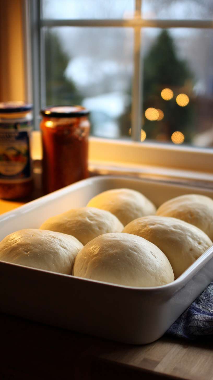 3厨房台面，白色陶瓷烤盘，上面摆着 6 个姜饼人面团，旁边有肉桂粉罐子，窗外能看到圣诞树一角，暖光特写 --ar 9:16 --v 7 --stylize 100 --fast --no 水印