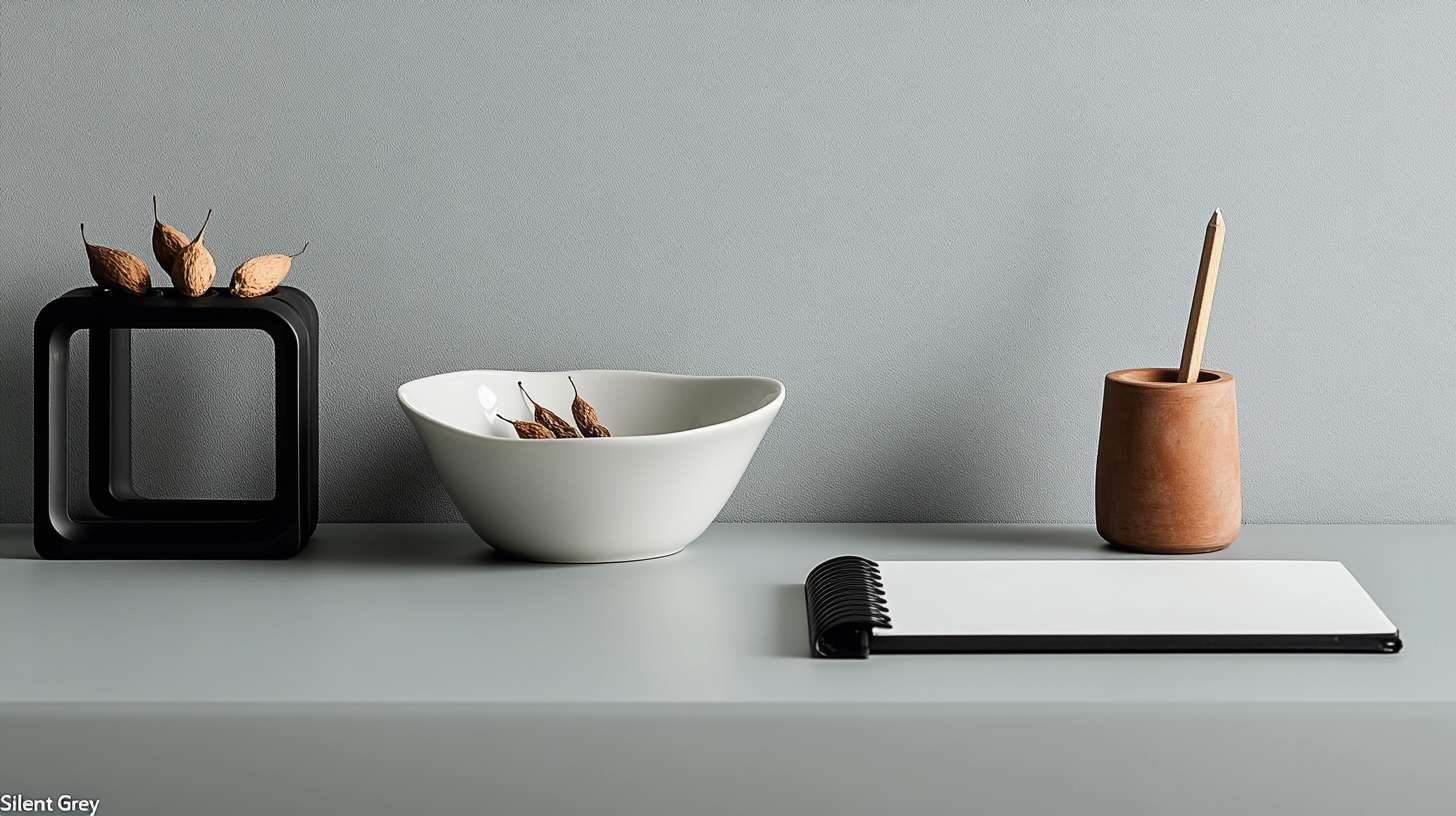 Minimal muted color desk scene, Jotun "Grey Feather" wall seamlessly transitions to "Silent Grey" desktop, arranged objects: ① white porcelain bowl with 3 dried seed pods ② black anodized notebook stand ③ terracotta pencil cup holding single graphite pencil, morning light with 5% blue tint, Hasselblad X2D natural color profile --ar 16:9 --v 6.1 --stylize 100 --fast --no bright colors