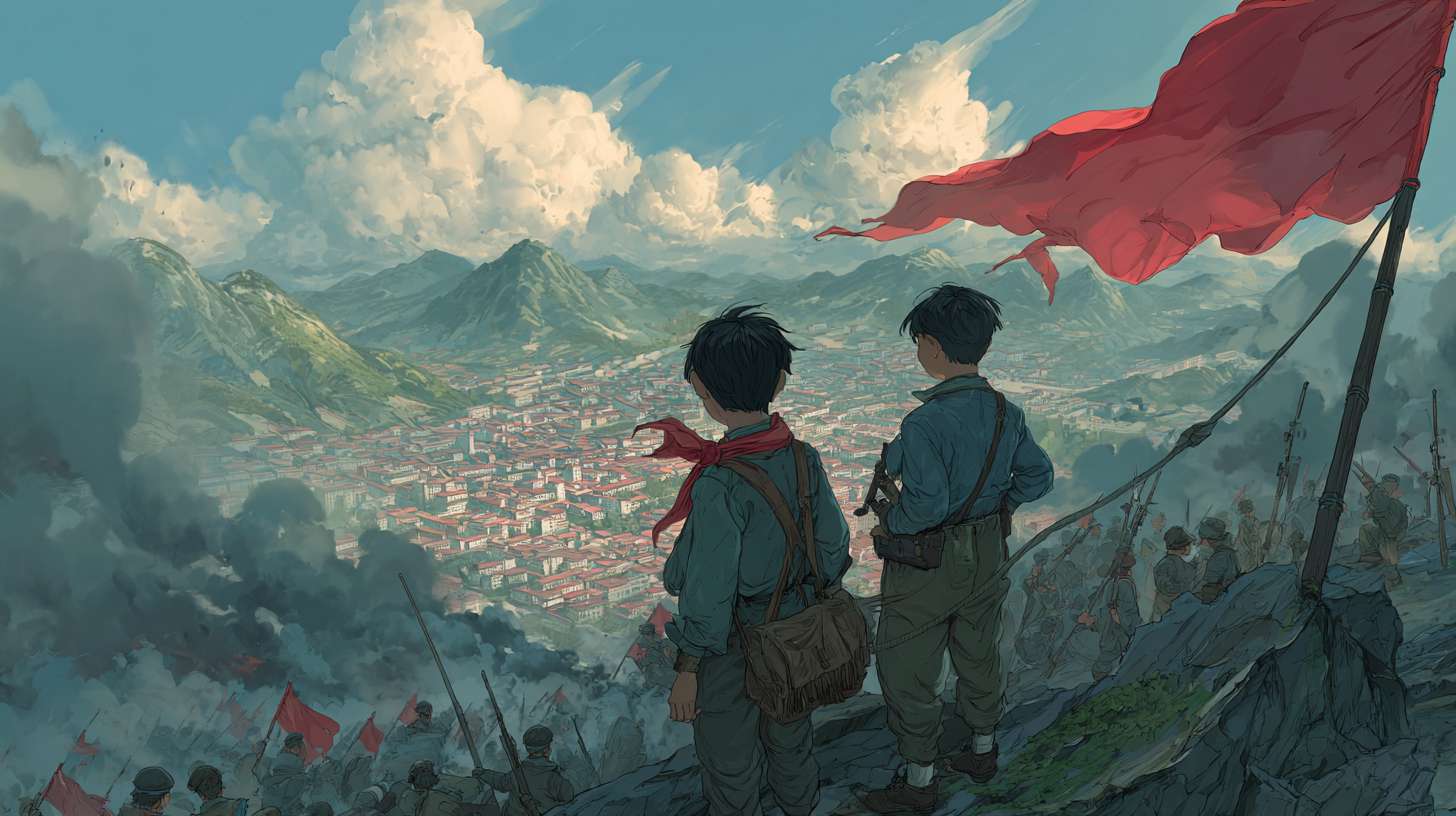 新国漫，漫画，画质细腻，大全景，仰拍，抗日战争时期的中国少年站在山峰之巅，少年表情坚定，必胜决心，俯瞰中国战乱河山和城市，背后红丝巾随风飘扬 --ar 16:9 --v 7 --stylize 100 --fast --no 水印