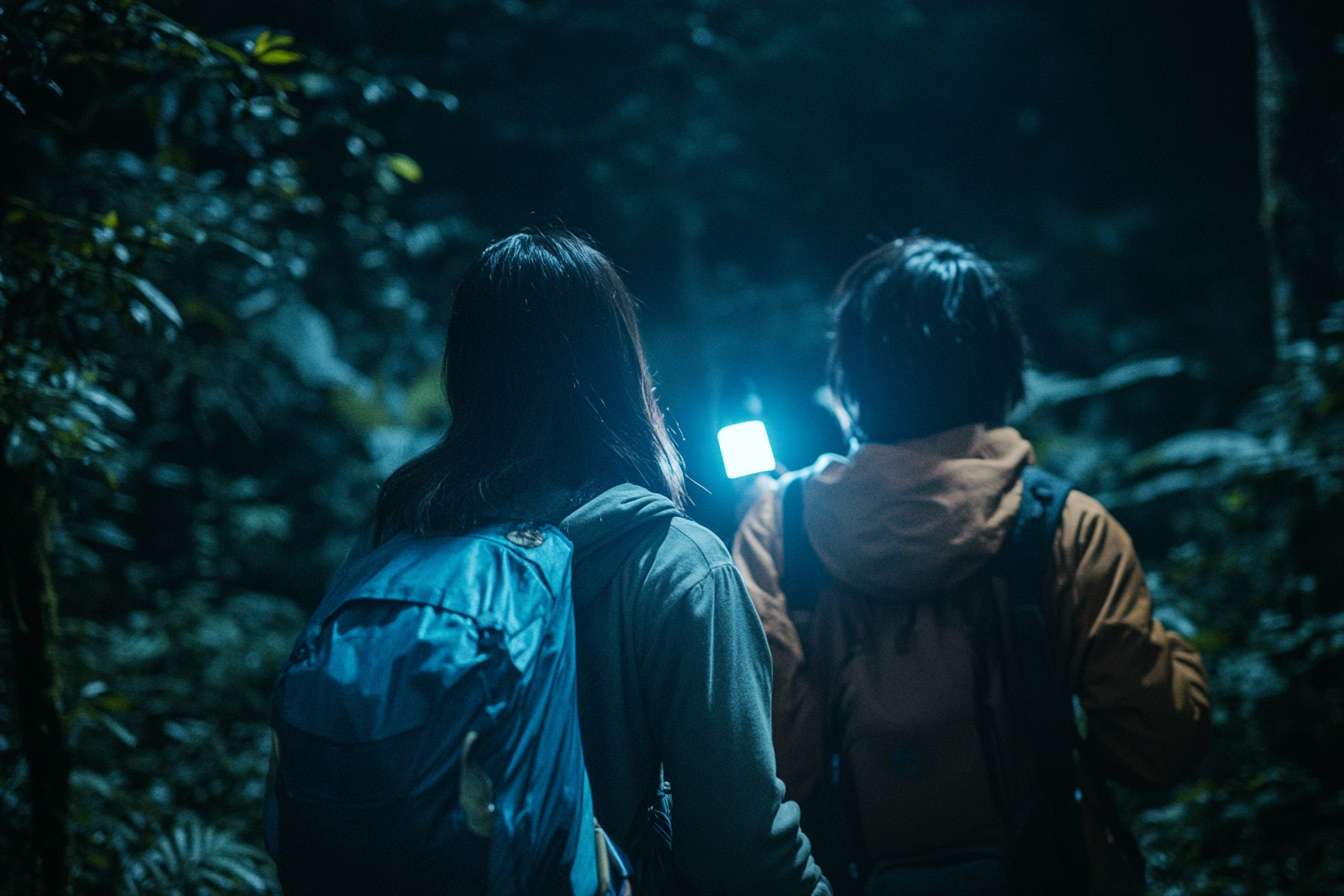 做一張亞洲青年人晚上在森林中探索大自然的遠境相片，可以只見到側面或背面 --ar 3:2 --v 6.1 --stylize 100 --fast