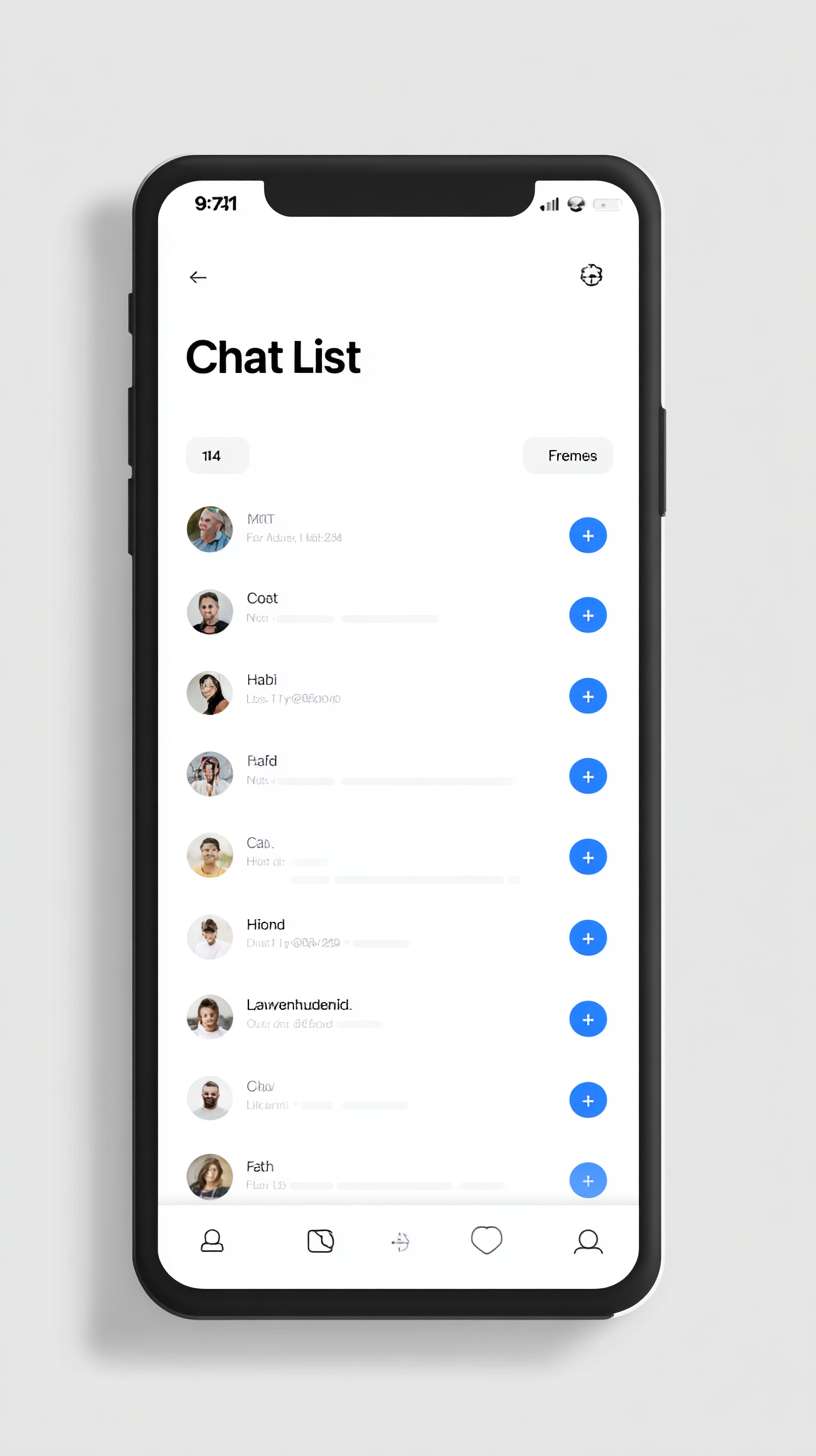 Mobile app chat list homepage, minimalist flat style, white top navigation bar (56px height), left small app icon, center "Chat" title (18px black bold), right "+" button (24px black), middle scrollable chat list (light gray #F5F5F5 background), single chat item (white background, 72px height, left circular avatar (48px), right nickname (16px black) + latest message (14px gray, single-line ellipsis)), bottom tab bar (white background, 3 tabs: Chat (blue active icon), Friends (gray icon), Profile (gray icon)), main color #2196F3, clear hierarchy --ar 9:16 --v 7 --stylize 100 --fast