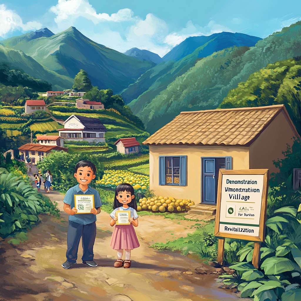 场景：小山村焕然一新。
角色：
农民站在自家新建的二层小楼前，脸上洋溢着幸福的笑容。
小女孩穿着整洁的校服，手里拿着奖状，站在农民身边。
远处可以看到一些游客在参观当地的特色农产品。
细节：
新建的小楼旁边有一个电商直播的场景，农民正在通过网络销售农产品。
山坡上果实累累，公路两旁有路灯。
村口有一块牌子，上面写着“乡村振兴示范村”。
色彩：明亮且鲜艳，突出富裕和幸福的氛围。 --ar 1:1 --v 6.1 --stylize 100 --fast