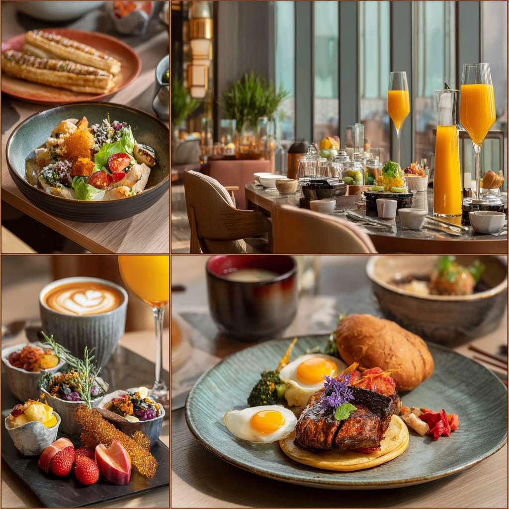 帮我做五张华住会真实酒店餐厅早餐宣传实拍照片 --ar 1:1 --v 7 --stylize 100 --fast --no 水印