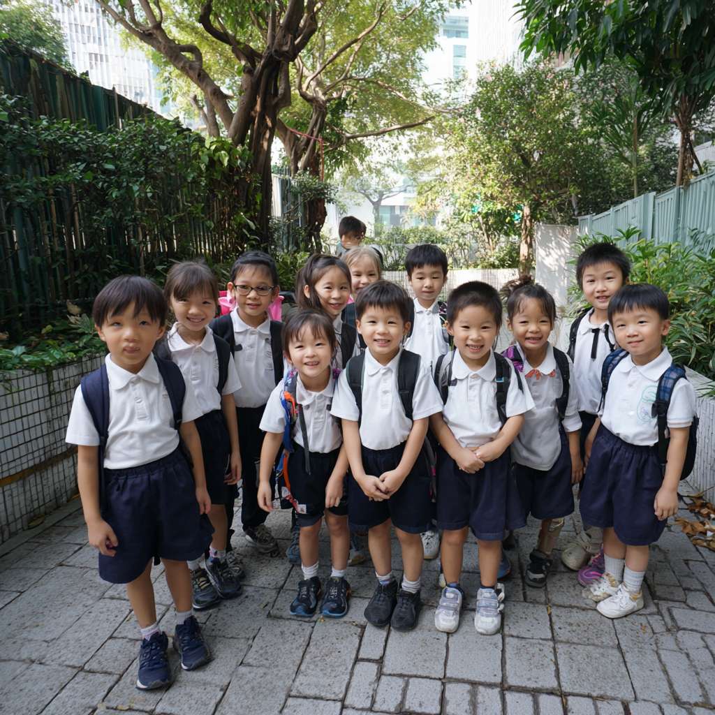 一班小六穿校服的學生們在校園裡圍成一個半圓形，以卡通的風格展示穿山甲、老虎、水獺、熊貓、飛鼠、龜等等的瀕危物種，讓學生們一起將積木併上瀕危動物圖案上 --ar 1:1 --v 7 --stylize 100 --fast --no 水印