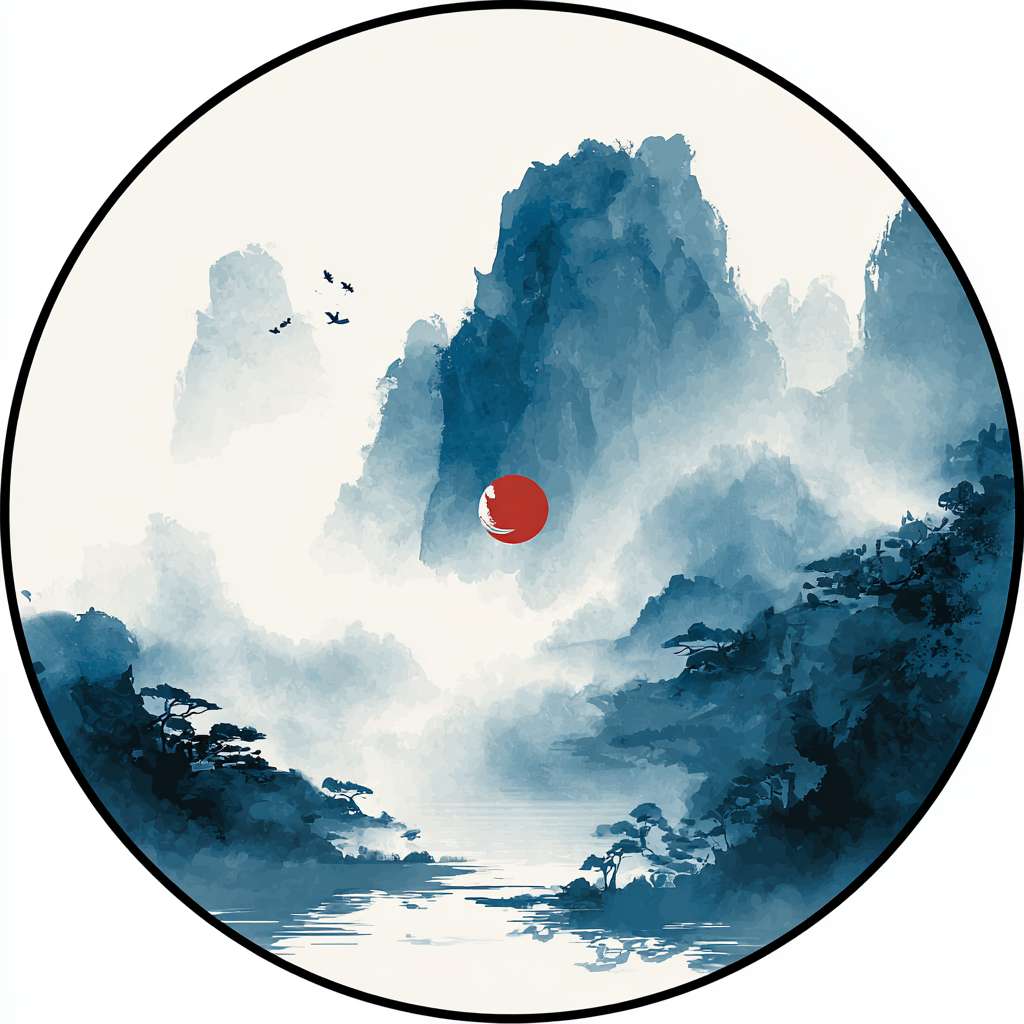The circular logo adopts the traditional Chinese ink Tai Chi symbol (not a circle), with alternating shades of blue, black, and white, surrounded by a hazy silhouette of a blue mountain range, with a red dot in the center and a pure white background. It has a Zen style, simple design, no text, no watermark, high resolution, and vector graphics --ar 1:1 --v 7 --stylize 100 --fast