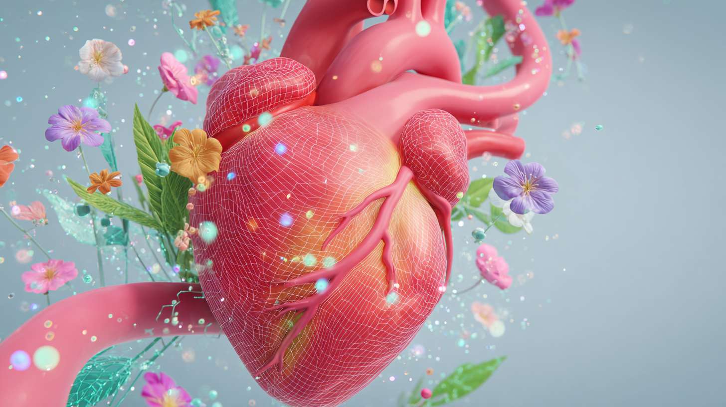 A vibrant, healthy cartoon-style red heart in the center. A smooth, healthy pink intestine path elegantly winds from the bottom and connects visually to the base of the heart. Tiny glowing translucent flowers and colorful light dots bloom along the intestine. Streams of sparkling particles flow upwards from these flowers/dots, gently swirling around and nourishing the heart. The heart is surrounded by a soft green/blue protective glow. Clean, minimalist background with a subtle transparent network pattern in very light blue. Flat illustration style, bright and hopeful color palette, visually appealing and non-graphic. --ar 16:9 --v 7 --style raw --stylize 100 --fast