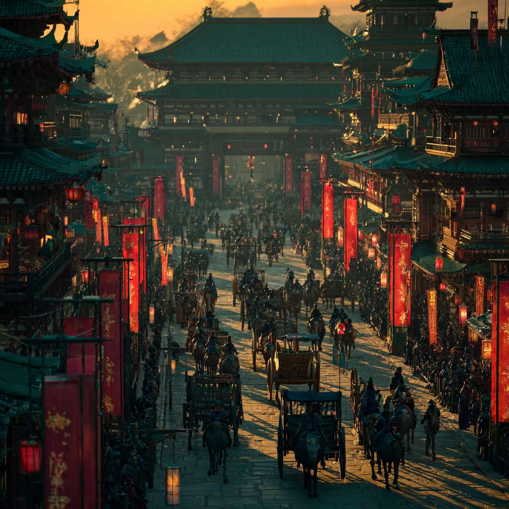 虚幻引擎5渲染,在这幅震撼人心的大唐盛世画卷中,构图以繁华的唐代长安城朱雀大街为核心视点,街道上车水马龙,熙熙攘攘的唐朝百姓与胡商穿梭往来,组成骆驼商队满载货物缓缓前行,两侧林立着朱红色木制建筑,飘扬的酒旗与商铺招牌交错生姿,屋檐下灯笼高挂,时值傍晚,天空渲染着暖金色的晚霞,与建筑的红墙碧瓦交相辉映,颜色以浓郁的金色与朱红色为主调,点缀着商队绸缎的翡翠绿与宝蓝色,灯笼透出暖黄光晕,整体色彩辉煌绚烂,光影效果极具层次,夕阳余晖为建筑披上金纱,灯笼光斑在青石板路上跃动,骆驼与行人投下细长剪影,商铺窗棂间透出温暖烛光,与暮色中的云霞融成一片流光溢彩,整条街道弥漫着人间烟火气,驼铃悠扬,人声鼎沸,完美再现万国来朝的盛唐气象。 --ar 1:1 --v 7 --stylize 100 --fast --no 水印