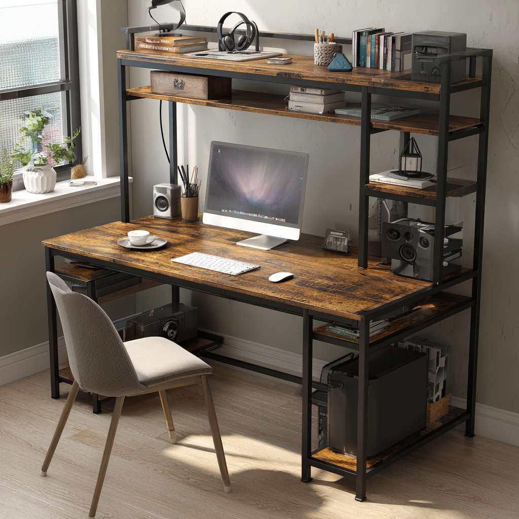 给我一个电脑桌搭的整体图，区域长度180*85。要有椅子。要提现细节，电脑机箱是海景房样式的，要放电脑桌面上。电脑桌要有置物架。置物架第二层要放一个哈曼卡顿音响。桌子上要有水杯，小垃圾桶。纸巾。键盘鼠标。手机，插板上插着手机充电器。还有平板。 --ar 1:1 --v 7 --stylize 100 --fast --no 水印