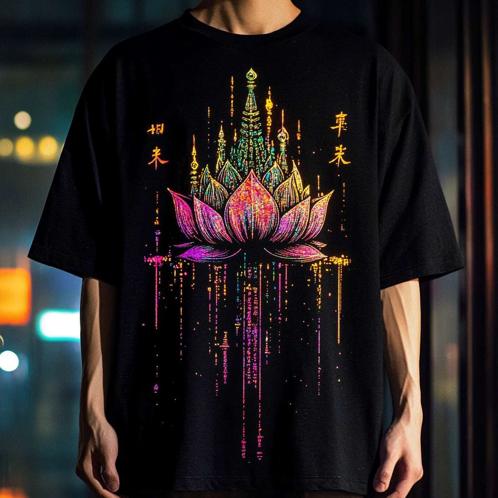 黑色T恤, 泰国佛教符号, 霓虹莲花, 故障艺术曼谷, 鎏金泰文, 赛博朋克禅意, 夜光水墨印花, 街头文化融合, 做旧处理, 高对比荧光色 --ar 1:1 --v 6.1 --stylize 100 --fast