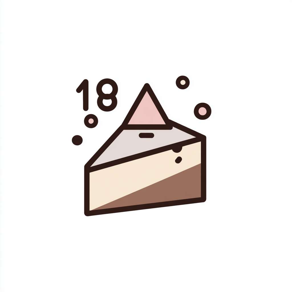 Modern flat vector logo of a simple cream cake with a line-art triangle on top. Surrounded by a few floating numbers (like 18, 100). Color palette: cream, dusty pink, dark brown, and light grey. Clean, isolated on white. --ar 1:1 --v 7 --stylize 100 --fast