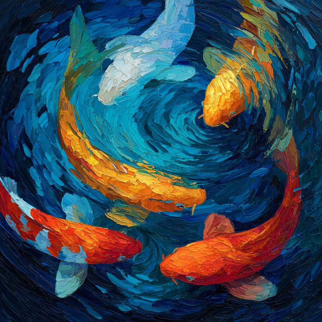 Surreal blue-hued aquarium: swirling water in cobalt and indigo, vibrant koi shimmering with rainbow hues, bold strokes for ripples and fish scales, energetic abstract. --ar 1:1 --v 7 --stylize 100 --fast