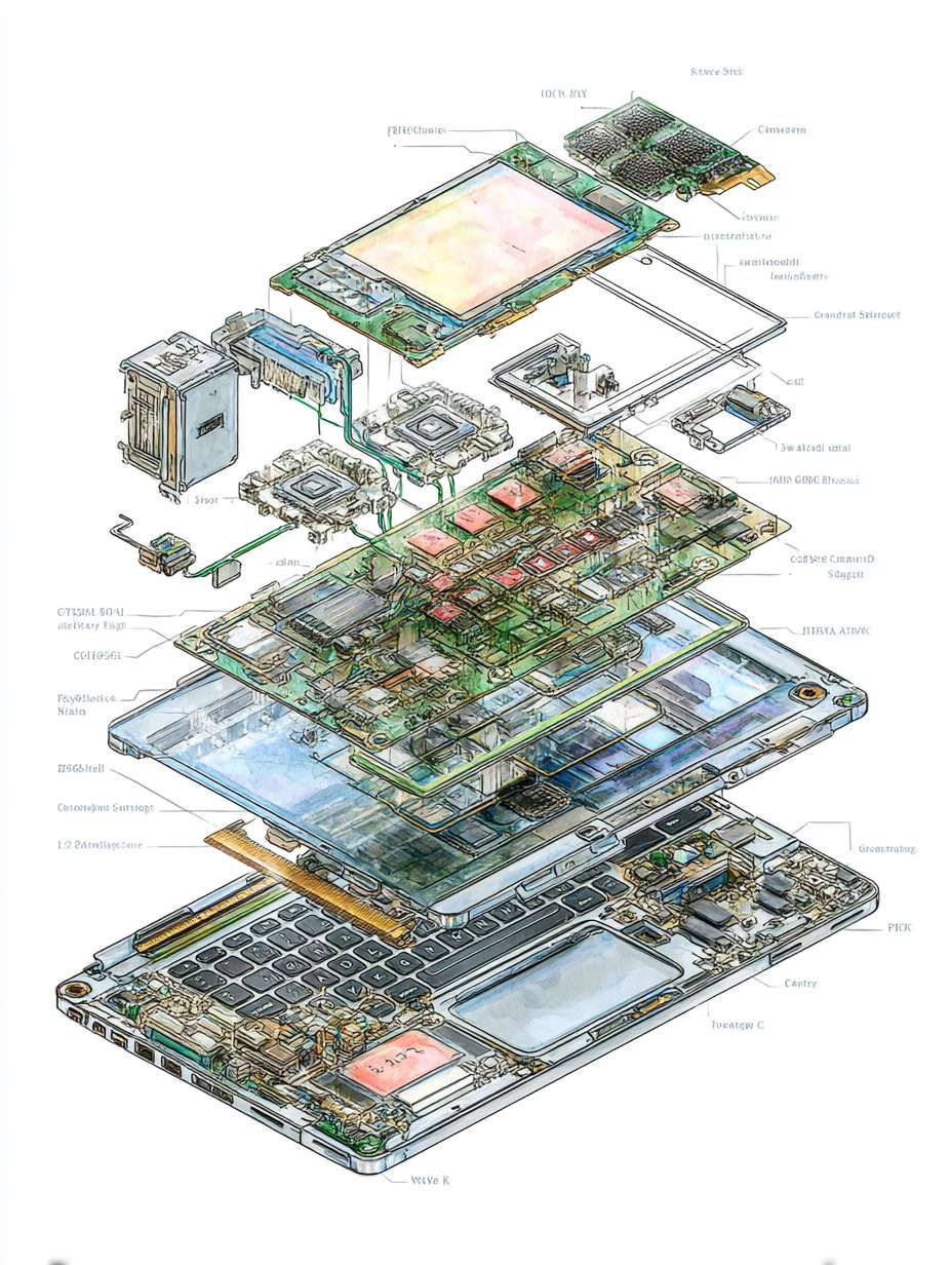 Ultra-detailed technical cutaway blueprint illustration of a high-performance laptop, dynamic wide-angle low-shot perspective. Main subject: a disassembled flagship ultrabook (ThinkPad X1 Carbon or MacBook Pro style), rendered in a realistic hand-drawn watercolor and technical ink style, isolated on a clean white background. The composition is an architectural exploded-view, with every component meticulously separated and floating in place, connected by precise thin leader lines.

Key Components in Detail:

Unibody Chassis: CNC-machined from aerospace-grade magnesium alloy, rendered in deep space gray with watercolor texture, showing nano-molded antenna lines.

Display Assembly: Multi-layer explosion: Corning Gorilla Glass DX cover, Mini-LED backlight layer with local dimming zones (zoomed detail), quantum dot enhancement film, 14.5-inch OLED panel with precise RGB diamond pixel arrangement, and ultra-thin metal backplate.

Main Logic Board: 8-layer high-density PCB in forest green with intricate circuit traces.

CPU: Flagship processor (Intel Core Ultra 9 / Apple M3 Max) with liquid metal thermal interface material.

GPU: Dedicated GPU chip (NVIDIA RTX 5000).


Power & Connectivity:

Multi-cell Li-Polymer Battery: Showing its long, multi-cell layout, labeled "<80Wh", highlighted in energy green.

Thunderbolt 4 / USB4 Ports: Showing the dense 24-pin internal connectors.

Composition & Style: Framed by a technical blueprint border with component callouts, material notes (e.g., Aluminium 6061, FR-4), and tolerances. Clean directional arrows and leader lines point to each component. Top-right corner features a hand-drawn color palette swatch: Deep Space Gray, PCB Green, Cooling Copper, Energy Green, Hydraulic Red, Silicon White. --ar 3:4 --v 7 --quality 2 --stylize 100 --fast --no blur,cartoon,abstract,messy