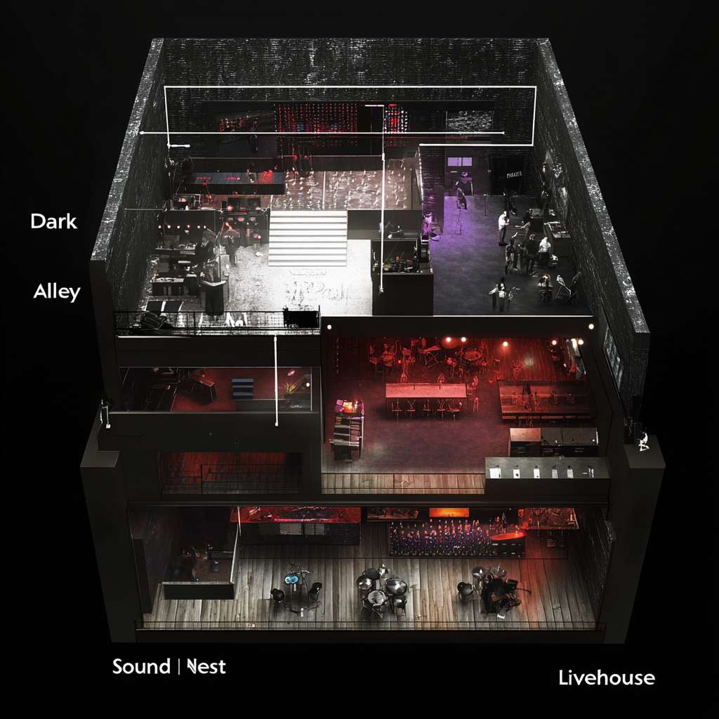 平面图：地点：“暗巷音巢livehouse”
区域1：舞台区：在这里进行表演。
区域2：观众区：可容纳150人左右，观众会在台下观看表演，在表演期间观众区全场都视为黑暗环境。灯光和音效调节区域藏在在观众区的最尾端。
区域3：饮料区：观众可以在饮料区消费饮料，所有凭票来的观众都可以得到一杯免费的饮品。
区域4：前台区：靠近大门，观众会在这里验票
区域5：后台区：要上台的人可以在这里整备。大致包括休息室、更衣室、工作人员厕所、化妆区、台前廊道几个部分。 --ar 1:1 --v 6.1 --stylize 100 --fast