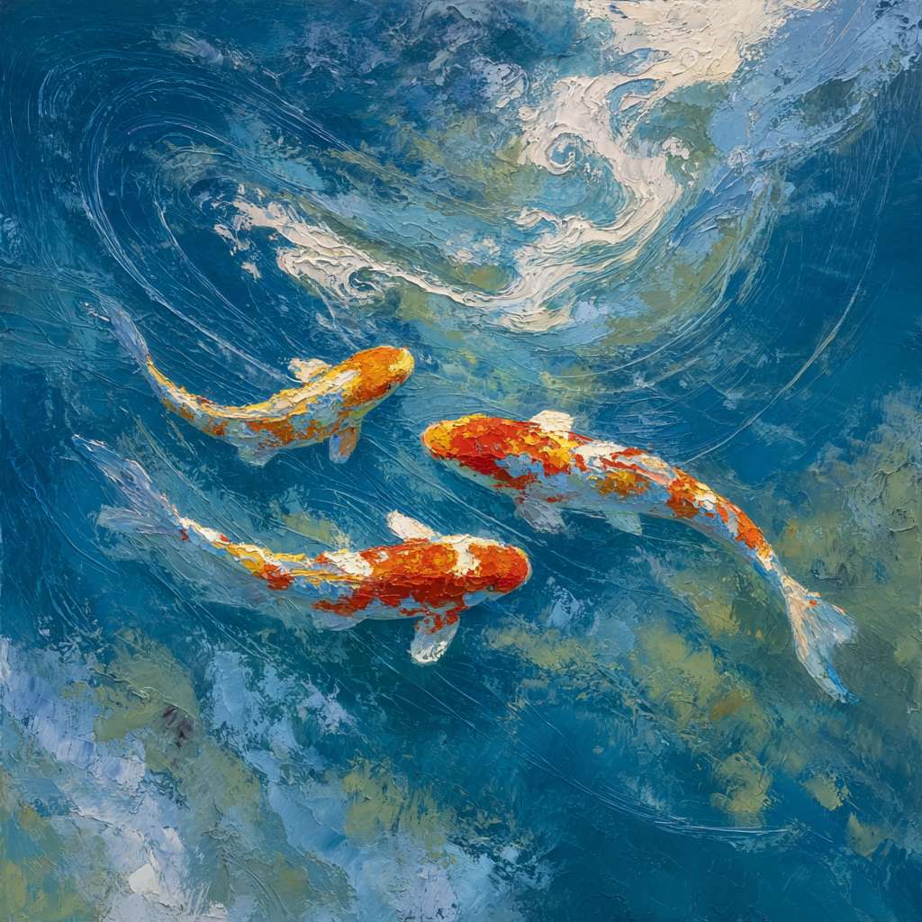 Dynamic blue sea with swirling light and koi gliding, brushwork blending loose washes and detailed strokes, abstract oil. --ar 1:1 --v 7 --stylize 100 --fast