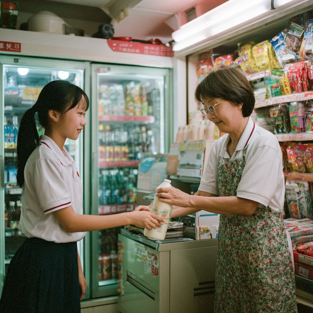 . 女孩、便利店老板娘
• 地点：清晨的便利店
• 事件：穿校服的女孩因钱不够在冰柜前犹豫，40 + 岁系围裙的老板娘察觉后，默默拿起一瓶热牛奶拧开递上，女孩接下牛奶。 --ar 1:1 --v 7 --stylize 100 --fast --no 水印