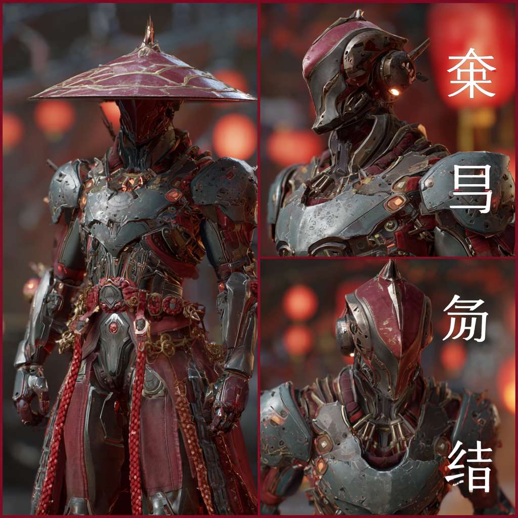 	《莲火重燃》风格 + 场景类型（如赛博茶馆、机械战场）+ 镜头角度 + 角色动作（如主角觉醒时的肢体变化）” 等描述词，再通过 PS 等工具人工调整（添加标注、优化机械细节与神话元素的融合度）， --ar 1:1 --v 7 --stylize 100 --fast --no 水印