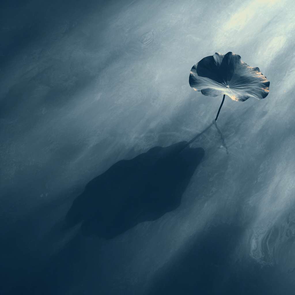 Minimalist Chinese Zen background: 
A single ink-wash lotus leaf floating on rippling water, 
soft sunlight creating dappled shadows through mist, 
monochrome palette with one faint gold accent light, 
80% negative space, no text, 
ultra HD details --ar 1:1 --v 7 --stylize 100 --fast