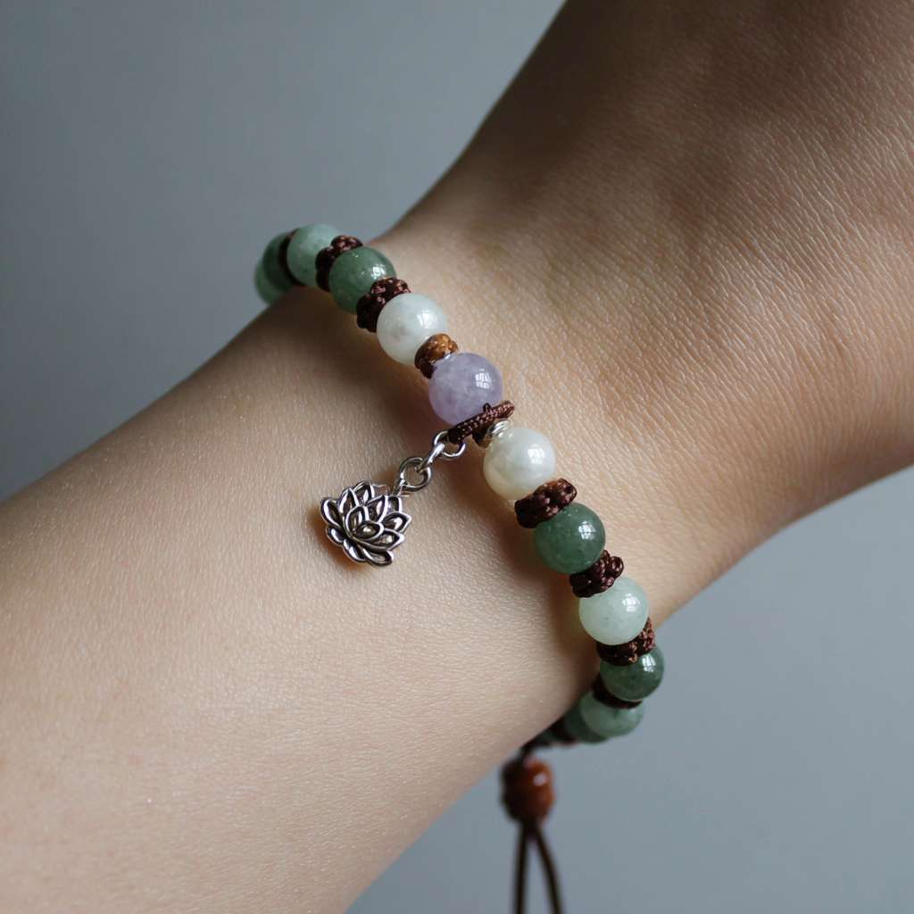 16cm hand chain, 6mm round beads (jadeite: deep spinach green, no flaws, waxy luster; agarwood: warm brown, clear oil lines; amethyst: light lavender purple, semi-transparent), 3mm off-white pearl spacers (6 pieces), 925 silver plated ancient gold small ring (8mm diameter) + mini lotus pendant (6mm length), dark brown 0.8mm elastic cord, symmetrical beading order, close-fitting to 16cm wrist, natural light, soft focus, high detail, realistic texture, minimalist elegant style, neutral background (light gray), macro shot of bracelet on a pale skin wrist --ar 1:1 --v 7 --stylize 100 --fast