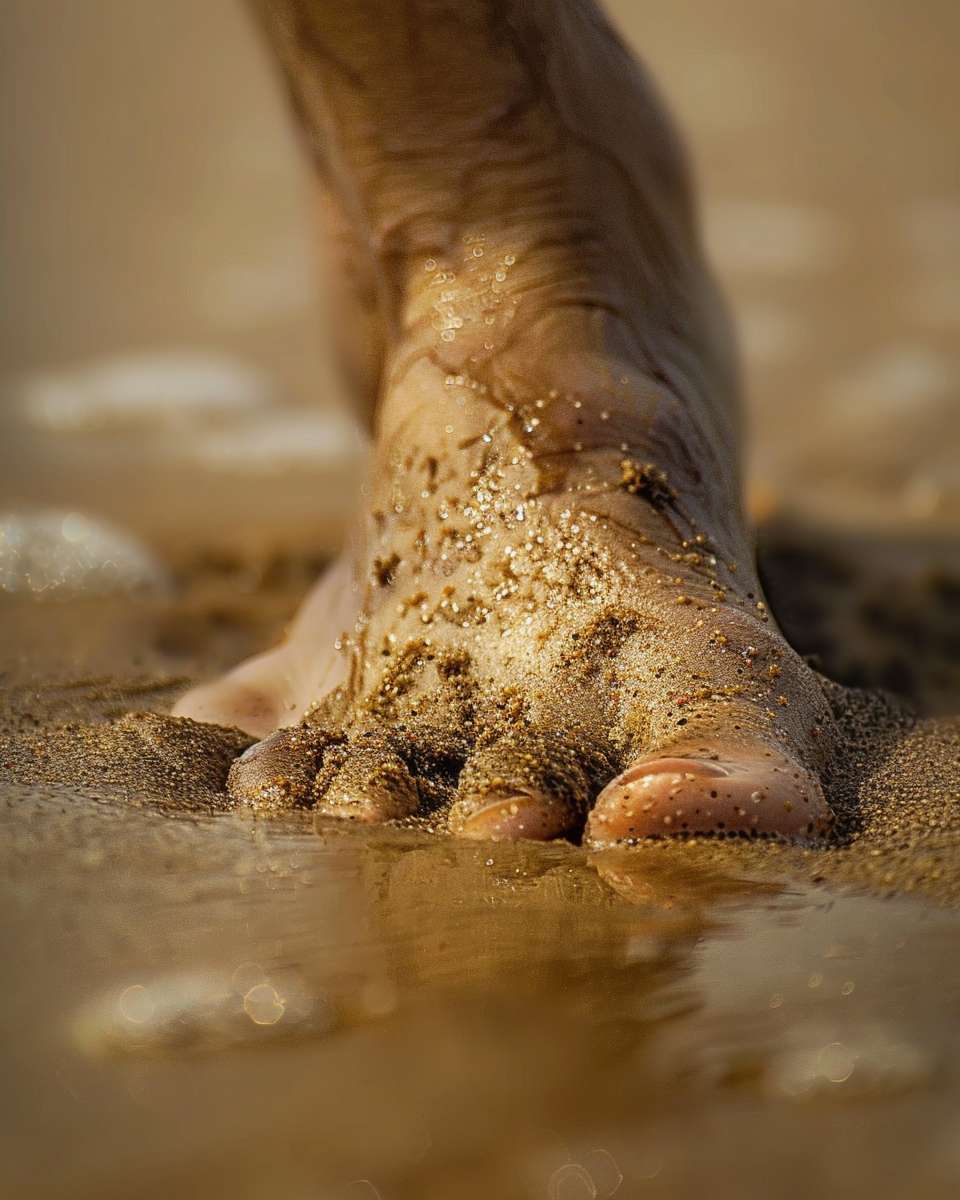 Extreme close-up of foot sinking into wet sand showing detailed texture, no text, forensic photography realism --ar 4:5 --v 6 --stylize 100 --fast
