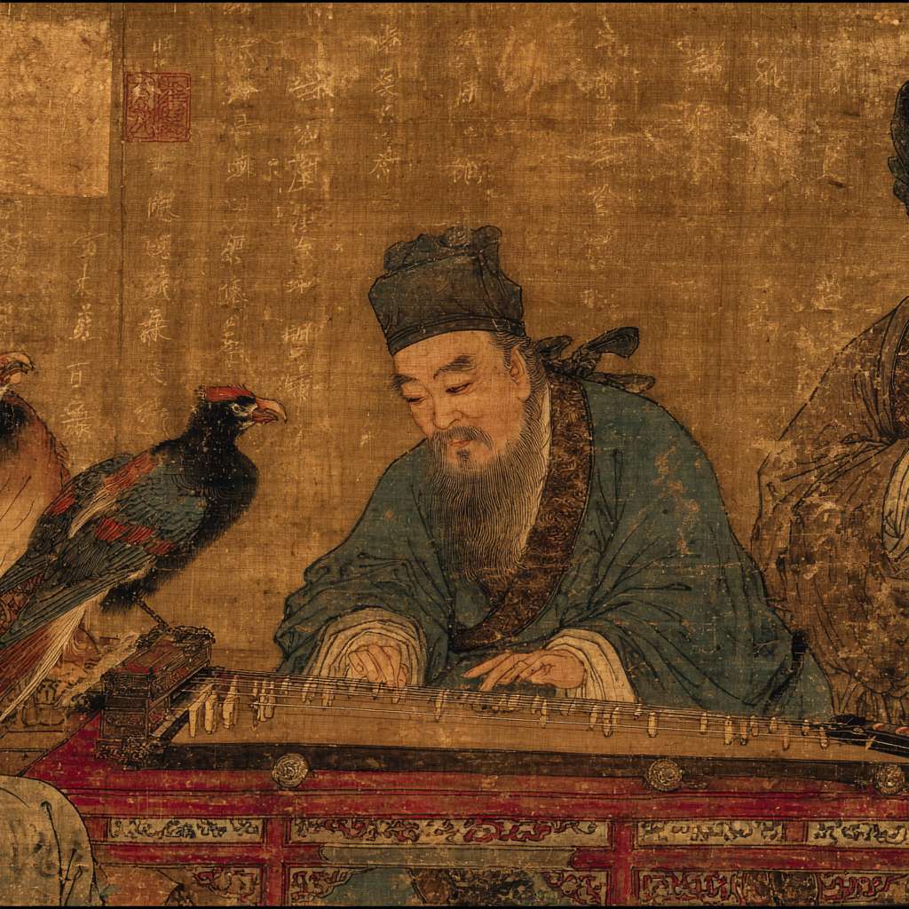 鹦鹉洲头，古色古香的桌案上，一只中年男人正在演奏古琴，画面只需要看见完整的琴身跟手就行 --ar 1:1 --v 7 --stylize 100 --fast --no 水印