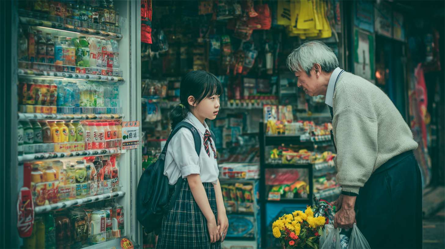 1. 女孩、便利店老板娘
• 地点:清晨的便利店
• 事件:穿校服的女孩因钱不够在冰柜前犹豫,40 + 岁系围裙的老板娘察觉后,默默拿起一瓶热牛奶拧开递上,女孩接下牛奶。
2. 白发老人、放学小男孩
• 地点:午后雨天的公交站台
• 事件:白发老人撑着小伞,伞沿倾斜护住身边背书包的小男孩,两人并肩站在雨棚下,老人不时调整伞的角度,小男孩偷偷把伞往老人那边推。
3. 西装男生、花店店员
• 地点:傍晚的街角花店
• 事件:穿西装的男生攥着皱巴巴的零钱盯着橱窗里的小雏菊,20 + 岁戴围裙的店员见状,剪下一枝雏菊用牛皮纸包好递给男生,并摆手表示不收钱。 --ar 16:9 --v 7 --stylize 100 --fast --no 水印