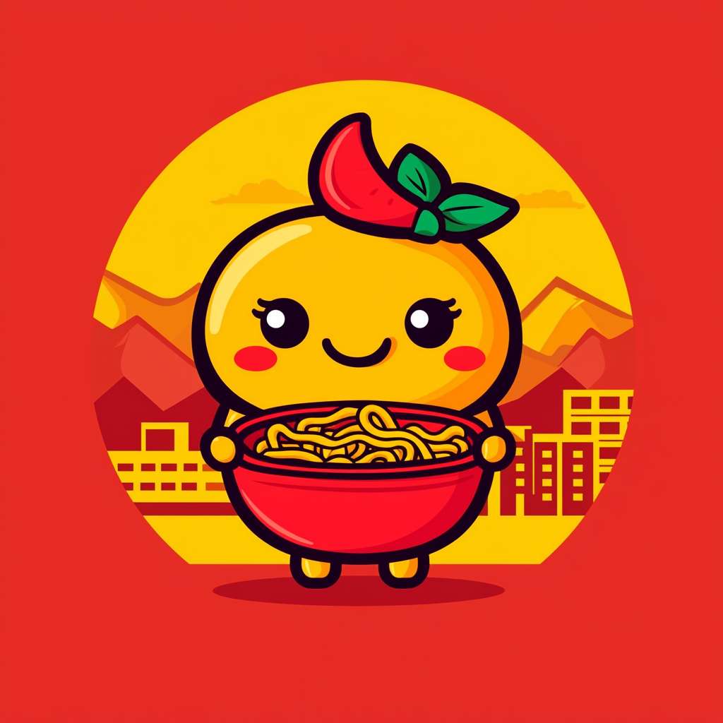 logo for a noodle shop, cute chili mascot holding bowl of noodles, flat vector, red yellow palette, mountain city vibe --ar 1:1 --v 6.1 --quality 2 --stylize 100 --fast --no text
