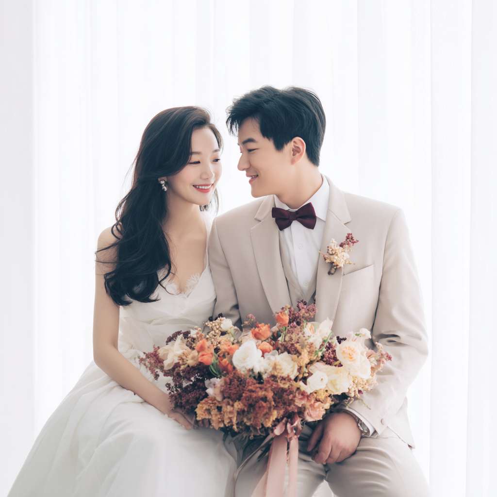 婚纱照 --ar 1:1 --v 7 --stylize 100 --fast --no 水印