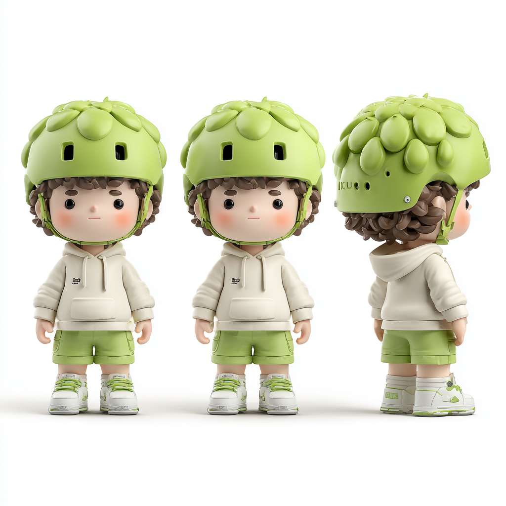 super cute boy IP by pop mart,mockup, blind box toy,He wears his iconic Green Grape helmet, Handsome street dress, Full of trend, 32K UHD, vivid facial expressions,three views, generates three views, i.e., front view, side view, and back view, maintains consistency and unity, white background, 8K, 3d render, oc render, best quality --ar 1:1 --v 7 --stylize 100 --fast