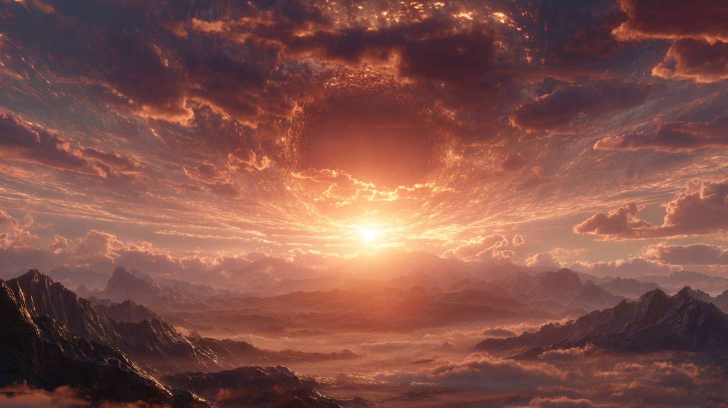 AI画面关键词：
cinematic wide shot of a majestic sun setting over endless rolling mountains, clouds sea glowing with orange and red light, Chinese landscape painting style, ethereal, peaceful, holographic light effect, 8k --ar 16:9 --v 7 --stylize 100 --fast --no 水印