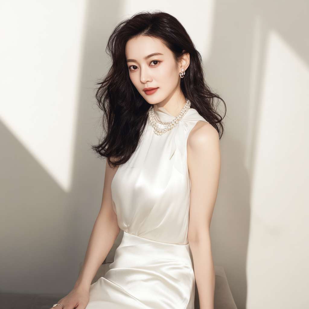 帮我生成图片：妈妈身穿一件米白色雪纺露肩洋装，颈后系着优雅的蝴蝶结，轻柔的材质在灯光下泛着柔和光泽。锁骨处佩戴着一串精致的珍珠项链，与白皙的肌肤相映生辉。她侧分的大波浪卷发自然地垂落在左肩，展现出流畅的肩颈线条。

洋装采用修身剪裁，背部呈现优雅的露背设计，勾勒出精致的背部曲线。上衣轻柔地包裹着胸部轮廓，展现出优雅的曲线。下身搭配一条黑色真丝包臀裙，短款设计展现修长双腿，裙身贴合身形，凸显出优雅的腰臀比例。

她穿着肉色超薄丝袜，细腻的材质轻柔包裹着修长双腿，在光线下泛着自然光泽。脚踩一双红色漆皮鱼嘴高跟鞋，精致的酒杯跟设计提升整体造型的优雅气质。
。比例 9:16。 --ar 1:1 --v 7 --stylize 100 --fast --no 水印