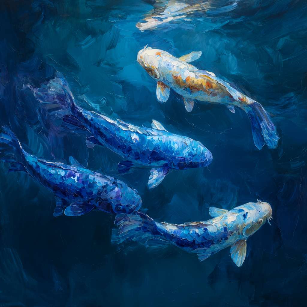 Dreamy depths in cobalt blue, iridescent light and agile koi, expressive strokes for motion, abstract. --ar 1:1 --v 7 --stylize 100 --fast