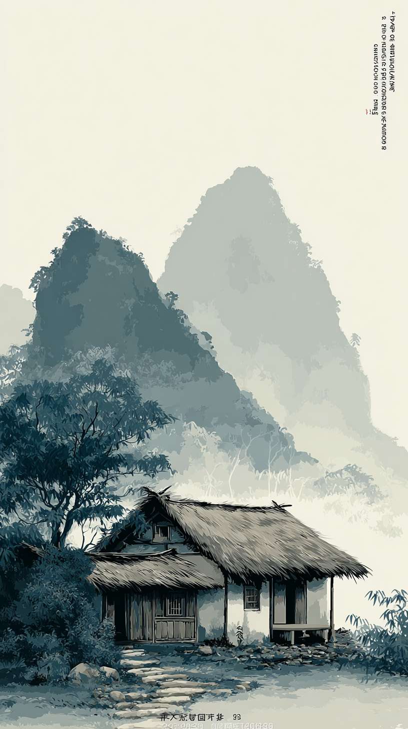 新手村-水墨风
750x1334px
构图:竖版全景,下方 2/3 为村落(3-4 间茅屋、竹篱笆、石板路),上方 1/3 为远山(层峦叠嶂)核心元素:- 茅屋:稻草屋顶(焦墨点画)、竹木结构(淡墨线条)- 炊烟:淡墨留白,呈 “S” 形飘散- 点缀:村口老槐树(浓墨枝干、淡墨树叶)、田埂小路
主色调:灰蓝色(R150-170, G160-180, B180-200)辅助色:- 屋顶稻草:暖灰色(R160-170, G150-160, B130-140)- 树叶:淡绿色(R140-150, G160-170, B130-140)统一适配:灰蓝色与其他场景主色调明度对齐(保持 30%-85% 区间)
1. 炊烟用 “淡墨晕染 + 留白” 技法,与竹林的薄雾笔触一致2. 茅屋线条粗细与武馆的木架线条保持统一3. 远山墨色层次与山间小路的云海层次一致
笔触参考:传统水墨画《富春山居图》(线条粗细变化、墨色层次)
色彩参考:游戏《仙剑奇侠传七》水墨风场景(淡雅色调、统一明度)
元素参考:动画《雾山五行》背景(竹林、山间场景的水墨质感) --ar 9:16 --v 7 --stylize 100 --fast --no 水印