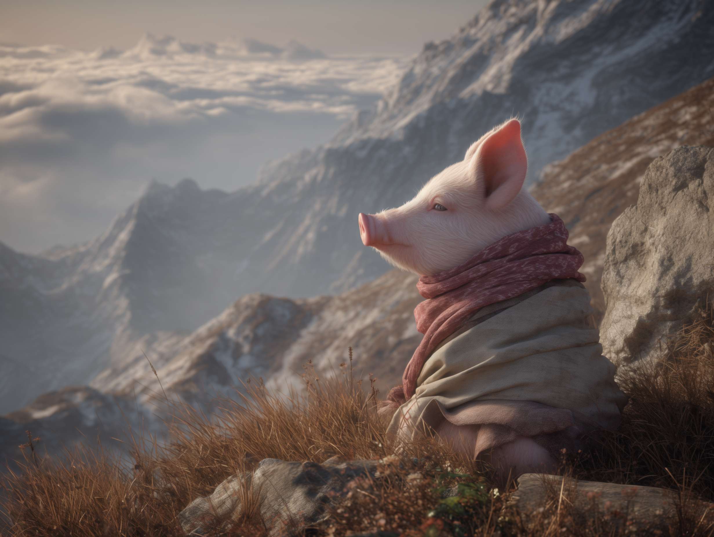 Photorealistic cinematic image，A pale pink pig on the grass next to the mountaintop, facing away from the camera,it also it's a scarf around it head, which is partially covering it face, giving her a mysterious look.Overall, these images convey a sense of desolation and grandeur, possibly telling a story about adventure, and emotional expressions all suggest that this may be a work with a strong narrative and visual impact,with a rocky mountain range behind it, and fog connecting the mountain range, full of warm colors and ultra high definition real materials，Ultra wide view shot， highly detailed photo. --ar 4:3 --v 7 --style raw --stylize 100 --fast