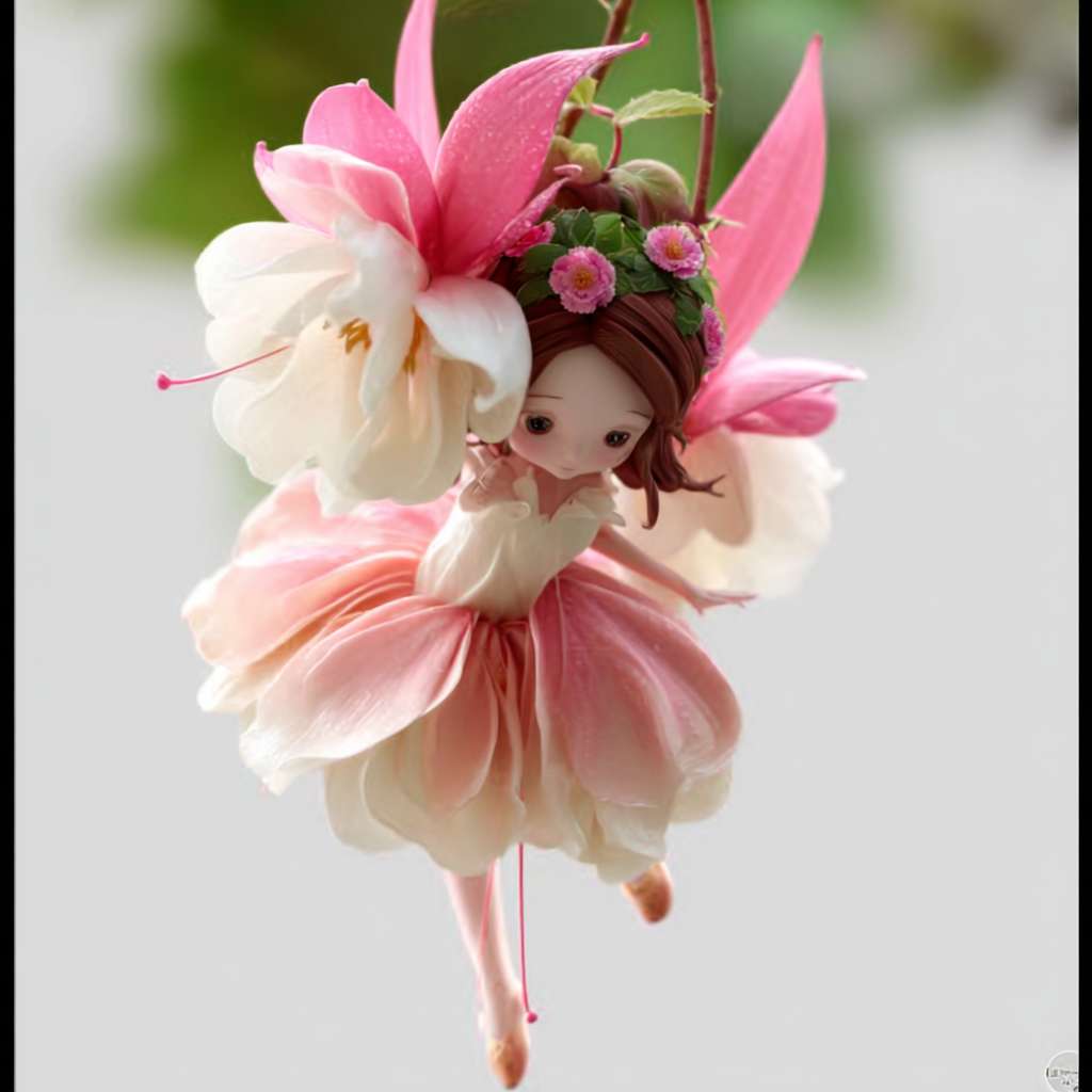 https://img-xpc-mj0.xpccdn.com/prod/upload/fdafdd11-6439-4ea9-9e5c-703136ca355e/1755077177809.jpg~tplv-5yakomv5zn-auto-v1%3A1024%3A0%3Aq75.jpg 根据这个图片生成一个超级可爱的女孩IP，模型，盲盒玩具，一个可爱的倒挂金钟花精灵正在飞起来，他穿着粉色的裙子，裙子的花瓣宽一些，绿色的头发还带着花环，粉红色的翅膀，非常可爱，衣服的下摆是粉和白色的，32K UHD，生动的面部表情，三视图，生成三视图，即前视图、侧视图和后视图，保持一致性和统一性，白色背景，3d渲染，oc渲染，最佳质量。 --ar 1:1 --v 7 --stylize 100 --fast --iw 1 --no 水印