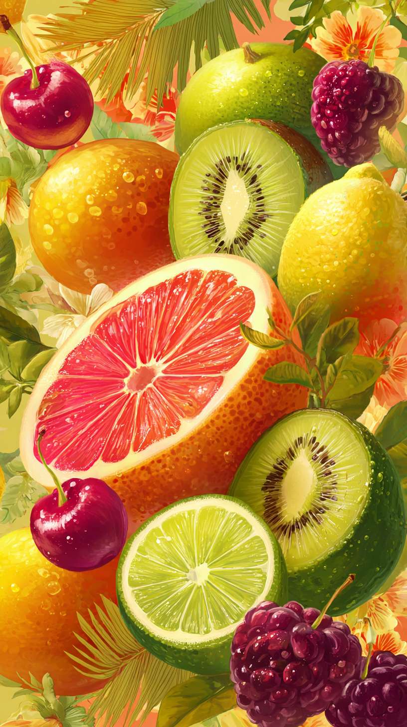 colorful fruit illustration for drink packaging --ar 9:16 --v 7 --stylize 100 --fast