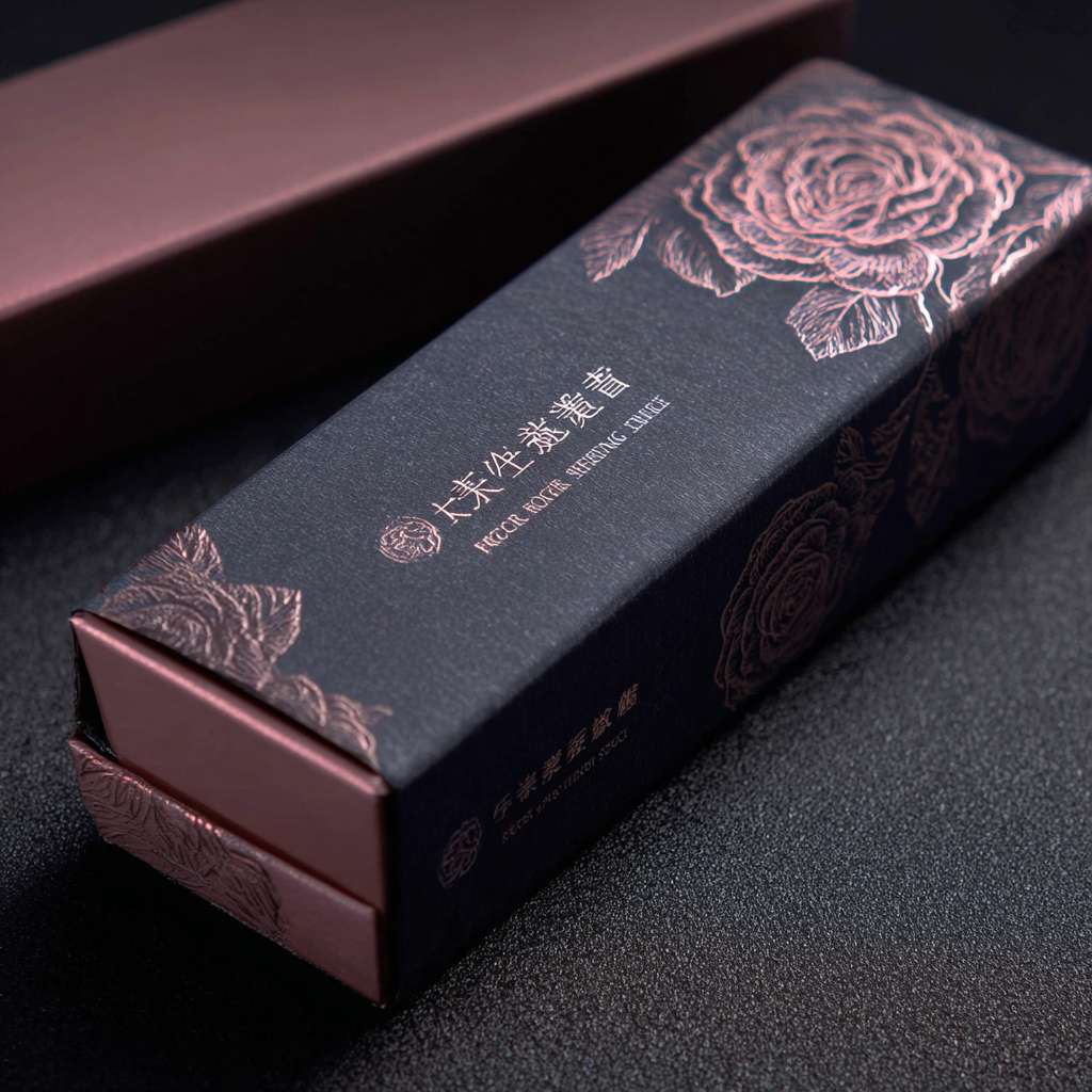 长方体天地盖,盒盖边缘圆弧收边,闭合处内置磁吸条,外裱深灰天鹅绒触感纸,触感如天鹅羽毛般柔滑,暗光下呈哑光质感,强光下泛细腻绒光。
盒盖顶部镶嵌0.5mm 超薄金属铭牌,蚀刻品牌名 “往后余生” 及烫金玫瑰图案
盒身侧面烫金压印微浮雕玫瑰花纹(间距 2mm,深度 0.1mm),触摸有轻微凹凸感。
字体采用衬线体烫金工艺,品牌名 “往后余生” 用书法体烫玫瑰金,副标题 “FOR ETERNITY” 用细黑体烫银。
黑色植绒 EVA,凹槽精准适配口红曲线,底部嵌入式放置圆形缎面卡片 --ar 1:1 --v 7 --stylize 100 --fast --no 水印