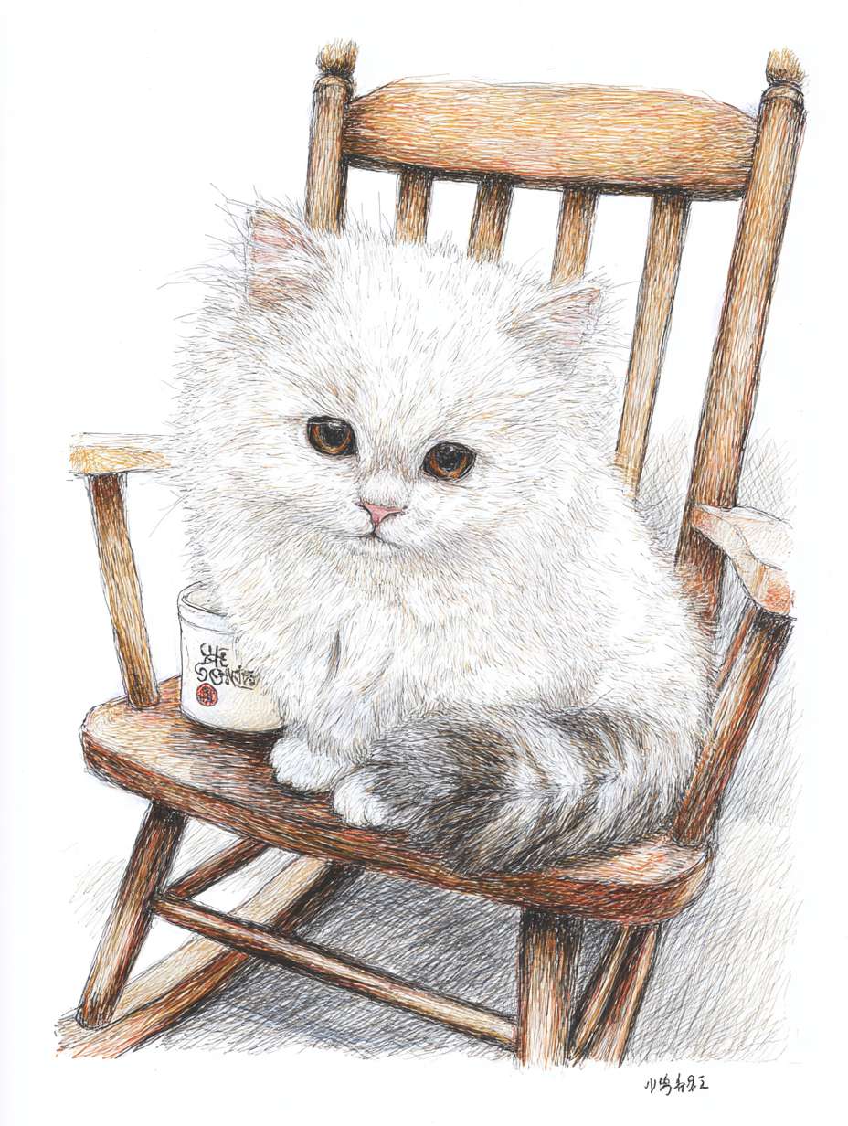 可爱的白色小橘猫，坐摇椅，喝茶，简笔画，手绘，背景留白，治愈系插画，富有童趣，笔触简单，有线条感，人物头顶空白处写卡通笔体文字“去爱你更爱的人吧，” --ar 3:4 --v 7 --stylize 100 --fast --no 水印