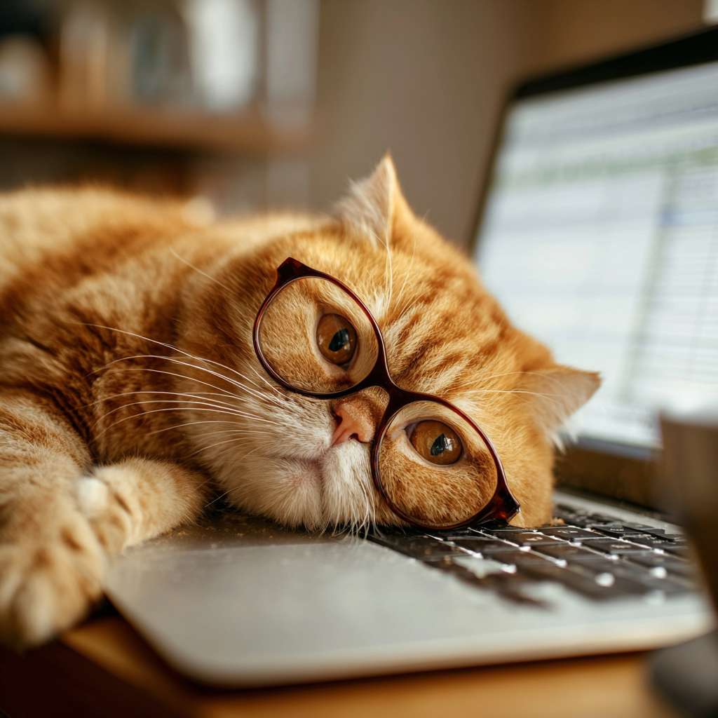 一只胖胖的橘猫，戴着眼镜，打着哈欠趴在电脑键盘上，电脑屏幕是Excel表格，旁边放着咖啡杯，照片级真实感，4k，细节生动，滑稽可爱 --ar 1:1 --v 7 --stylize 100 --fast --no 水印