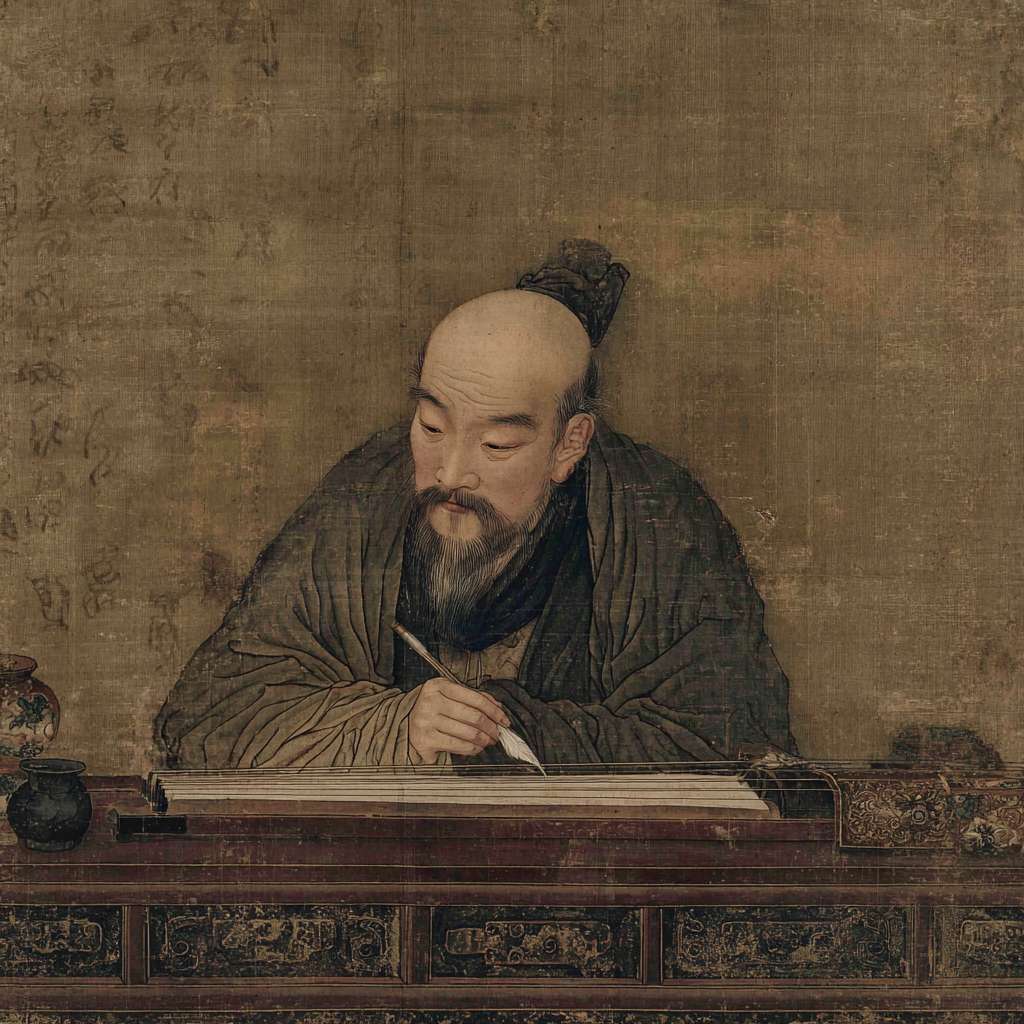 鹦鹉洲头，古色古香的桌案上，一只中年男人的手抚在古琴上 --ar 1:1 --v 7 --stylize 100 --fast --no 水印