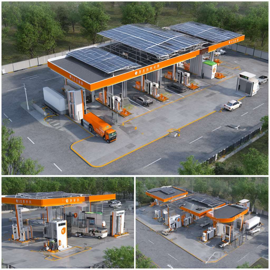 国内高速服务区鸟瞰图，带加油站，光伏 储能 充电桩 移动储能充电车 带有生活区超市、洗手间，制氢站和加氢站 --ar 1:1 --v 7 --stylize 100 --fast --no 水印