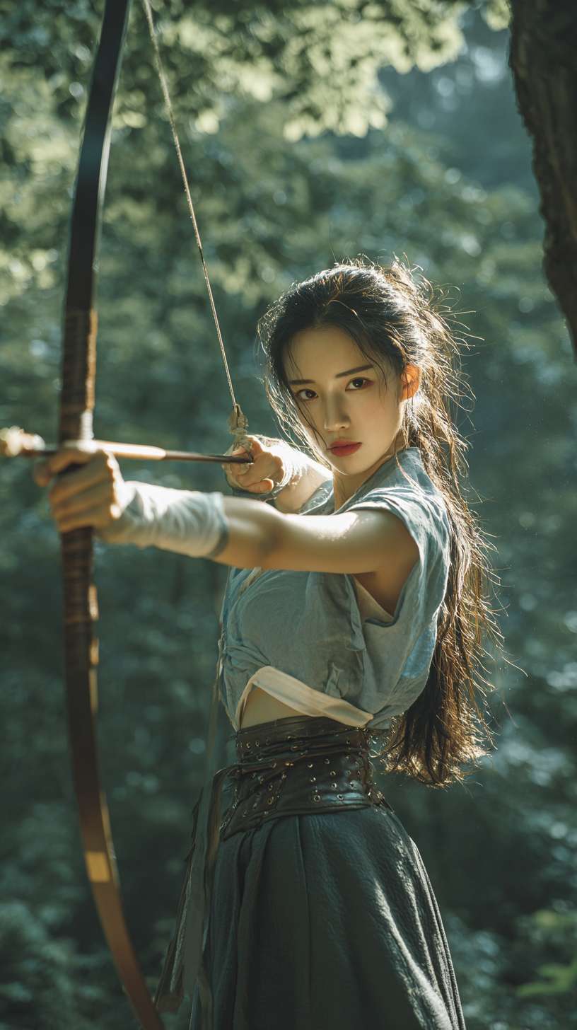 亚洲美少女身穿无袖连体紧身短皮装，皮肤白皙，及腰长发随风飘扬，手持弯弓，在热带雨林，飞行的龙鸟，阳光从树叶的缝隙中射到地面。正面特写 --ar 9:16 --v 7 --stylize 100 --fast --no 水印