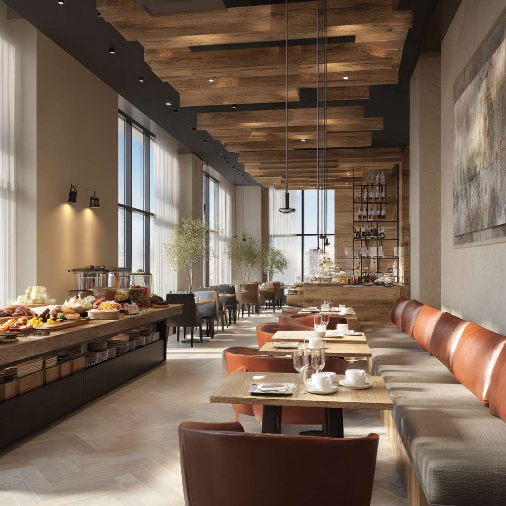 帮我做五张真实亚朵酒店餐厅早餐宣传实拍照片 --ar 1:1 --v 7 --stylize 100 --fast --no 水印