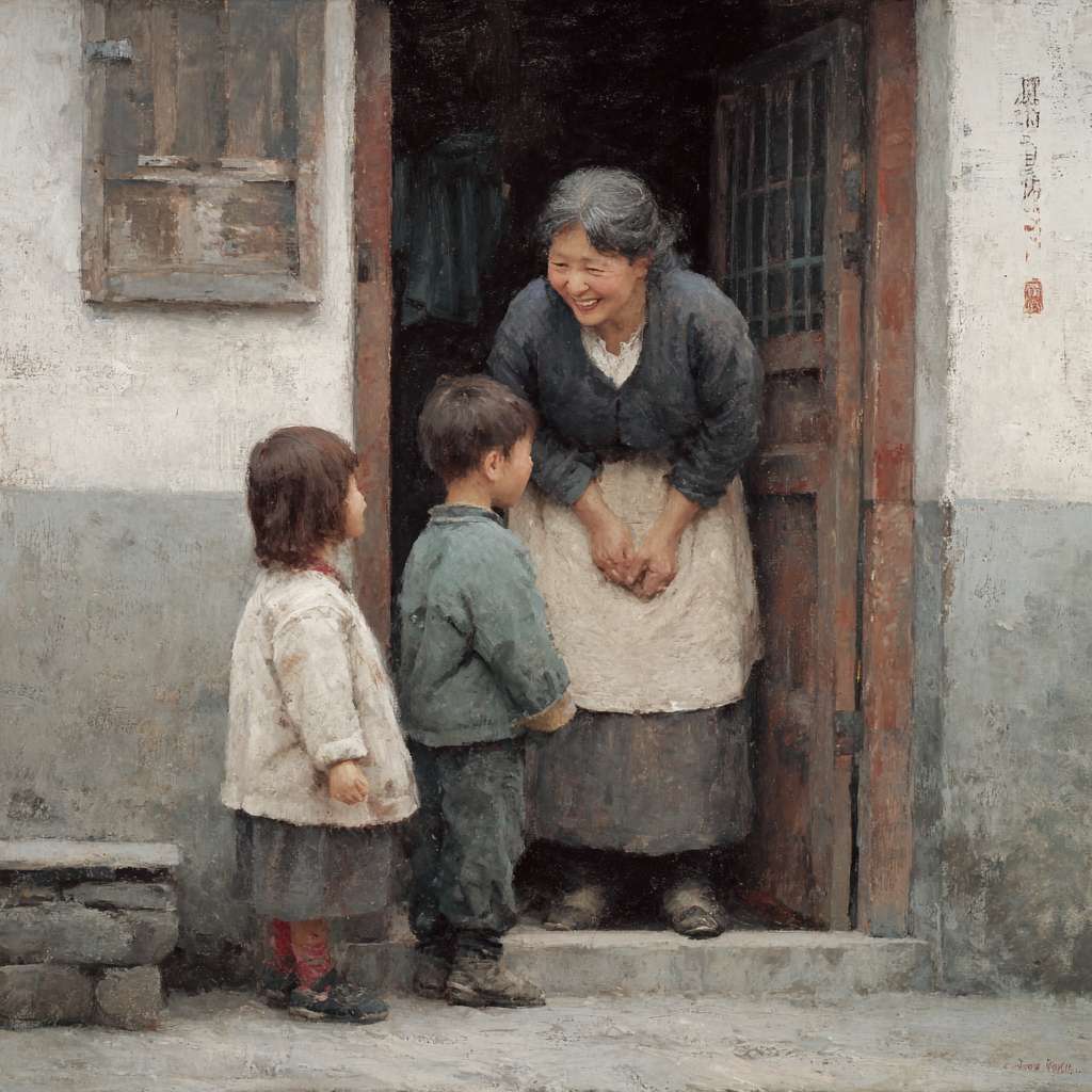 奶奶系着围裙从屋里走出，面带笑容，迎接孩子 --ar 1:1 --v 7 --stylize 100 --fast --no 水印